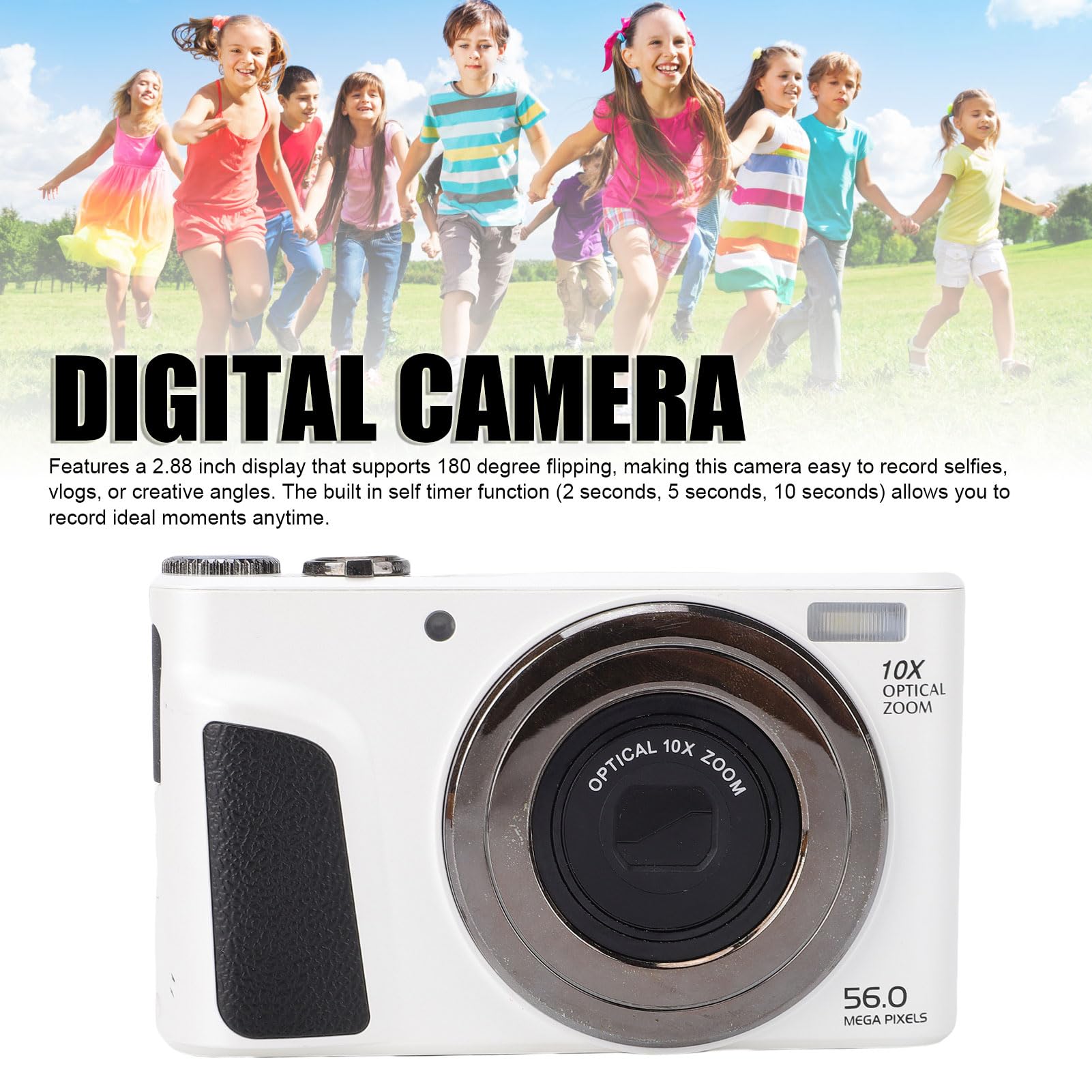 Asixxsix Cámara Digital 4K para Fotografía, Cámara Vlogging con Pantalla Abatible de 2,88 Pulgadas y Flash, Reconocimiento Facial HD de 56 MP, Zoom óptico 10x Zoom Digital 6X