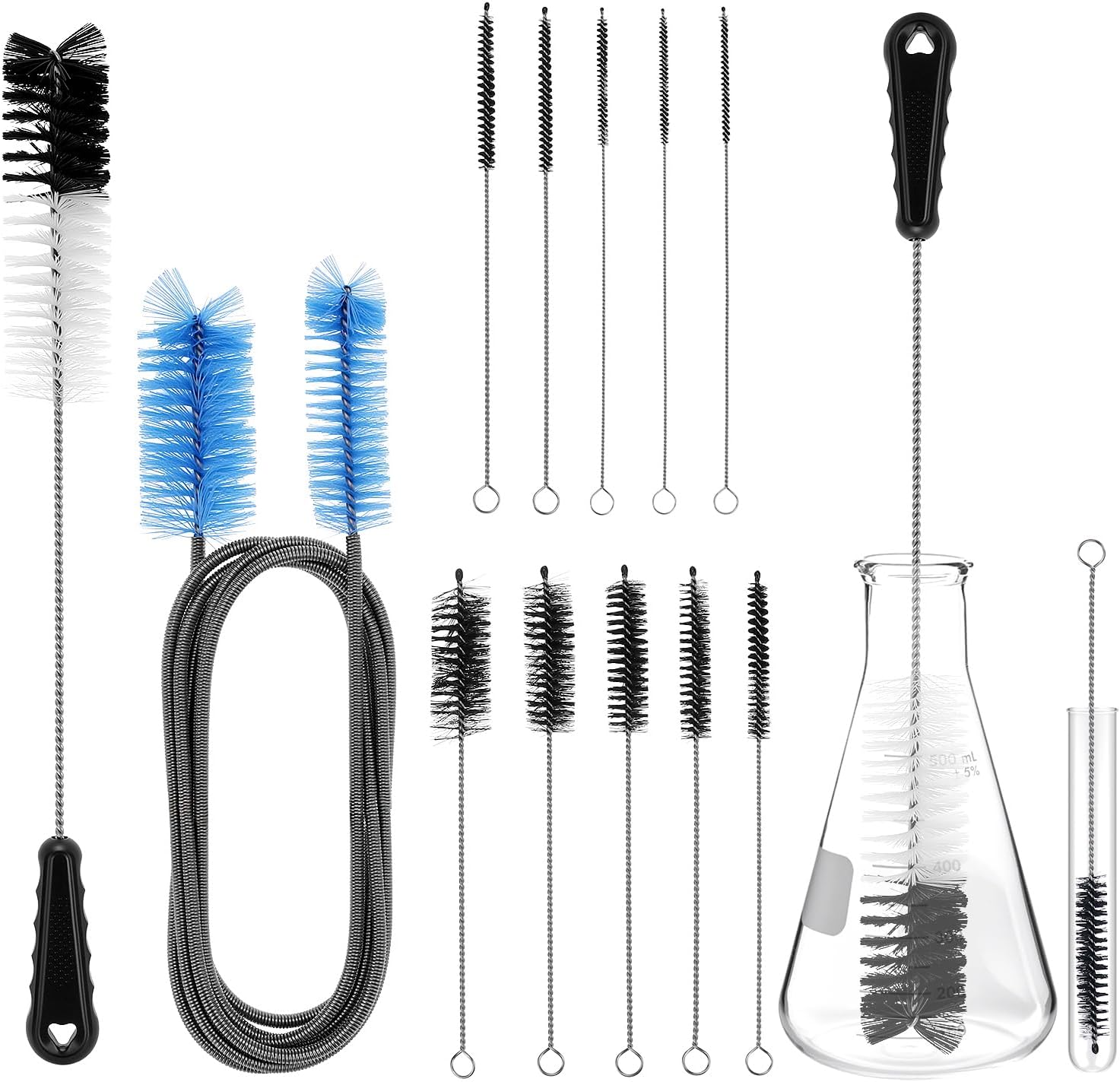 QWORK 12Pcs Tube Pipe Cleaner Kit, 15.75" Long Handle Brush, 5.25 Ft Flexible Dual-Head Cleaner & 10 Multi-Size Nylon Brushes for Narrow Neck Bottles, Curved Glass, Feeders
