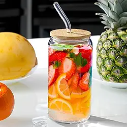 Copo de Vidro Borossilicato 550ml com Tampa de Bambu e Canudo de Vidro – Ecológico, Reutilizável, Hermético e Elegante para Bebidas Frias e Quentes