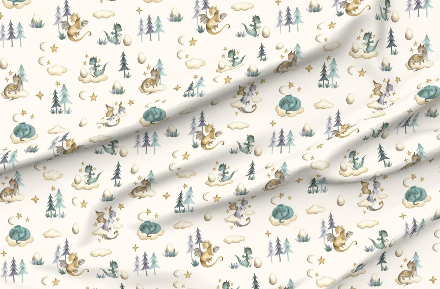 Spoonflower Fabric - Baby Dragon Whimsical Fun Cute Happy Cheerful Fantasy Mythical Beige Printed on Organic Cotton Sateen Fabric by The Yard - Sewing Quilting Apparel Home Decor
