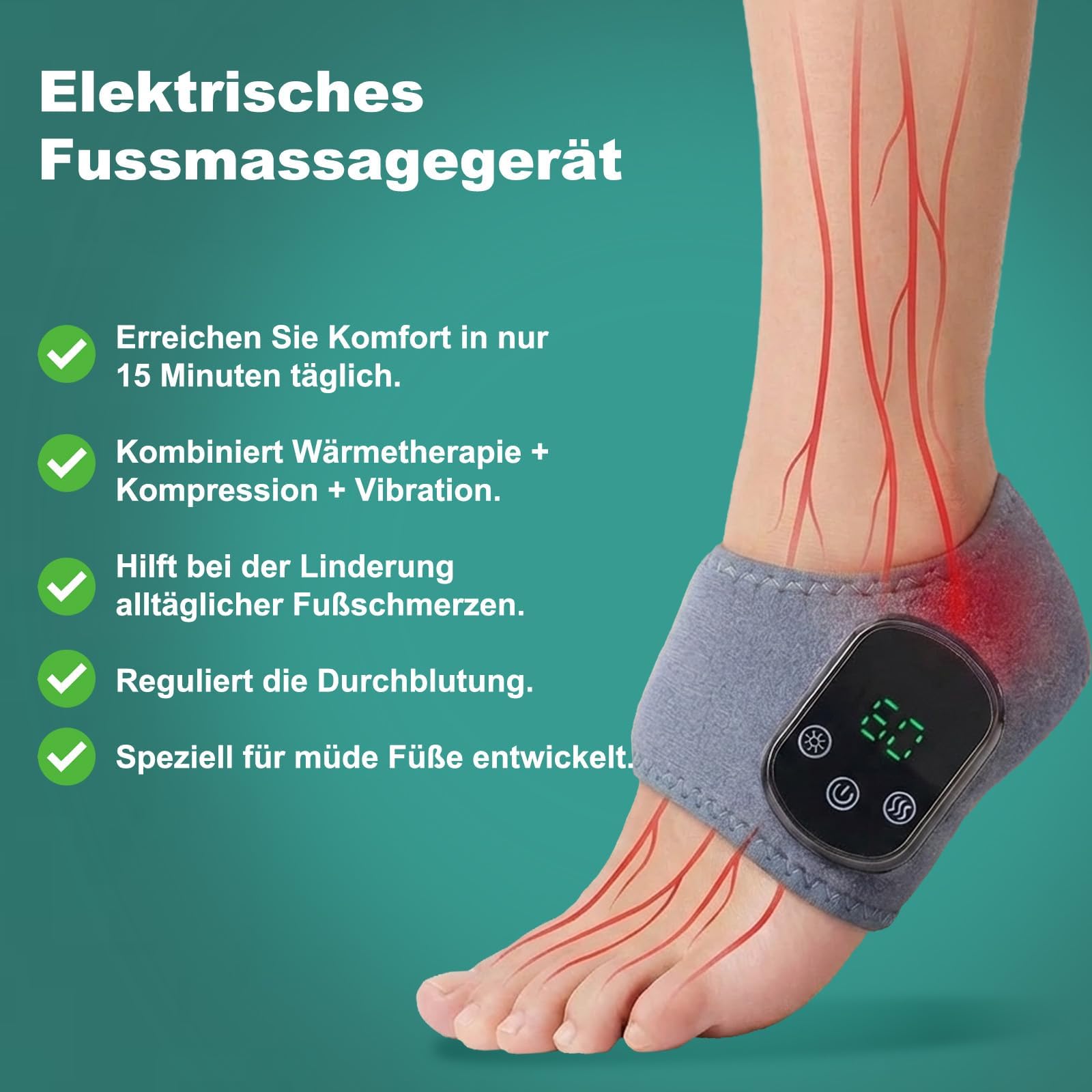 Fussmassagegerät elektrisch testsieger, 3-In-1-Fußmassager, Neuropathie Fussmassage, Portable Cordless Ankle Massagers with 3 Vibration Modes & 5 Heat Settings (Grau)