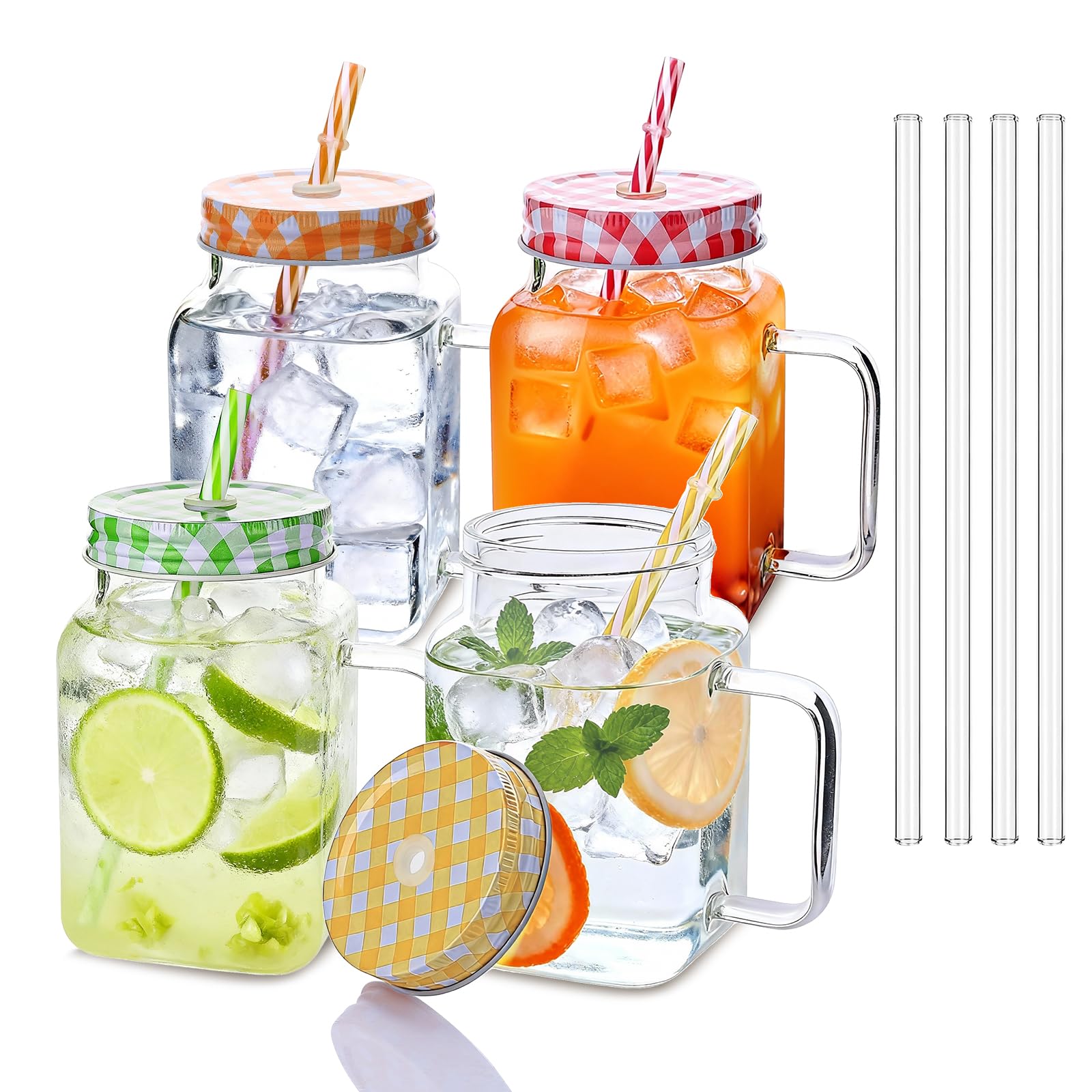 Elitrivox Mason Jar Cups, 17oz Mason Jar with Handle, Mason jar Drinking Glasses with Lids and Straws, Glass Bottle Mugs for Smoothies Juice Cold