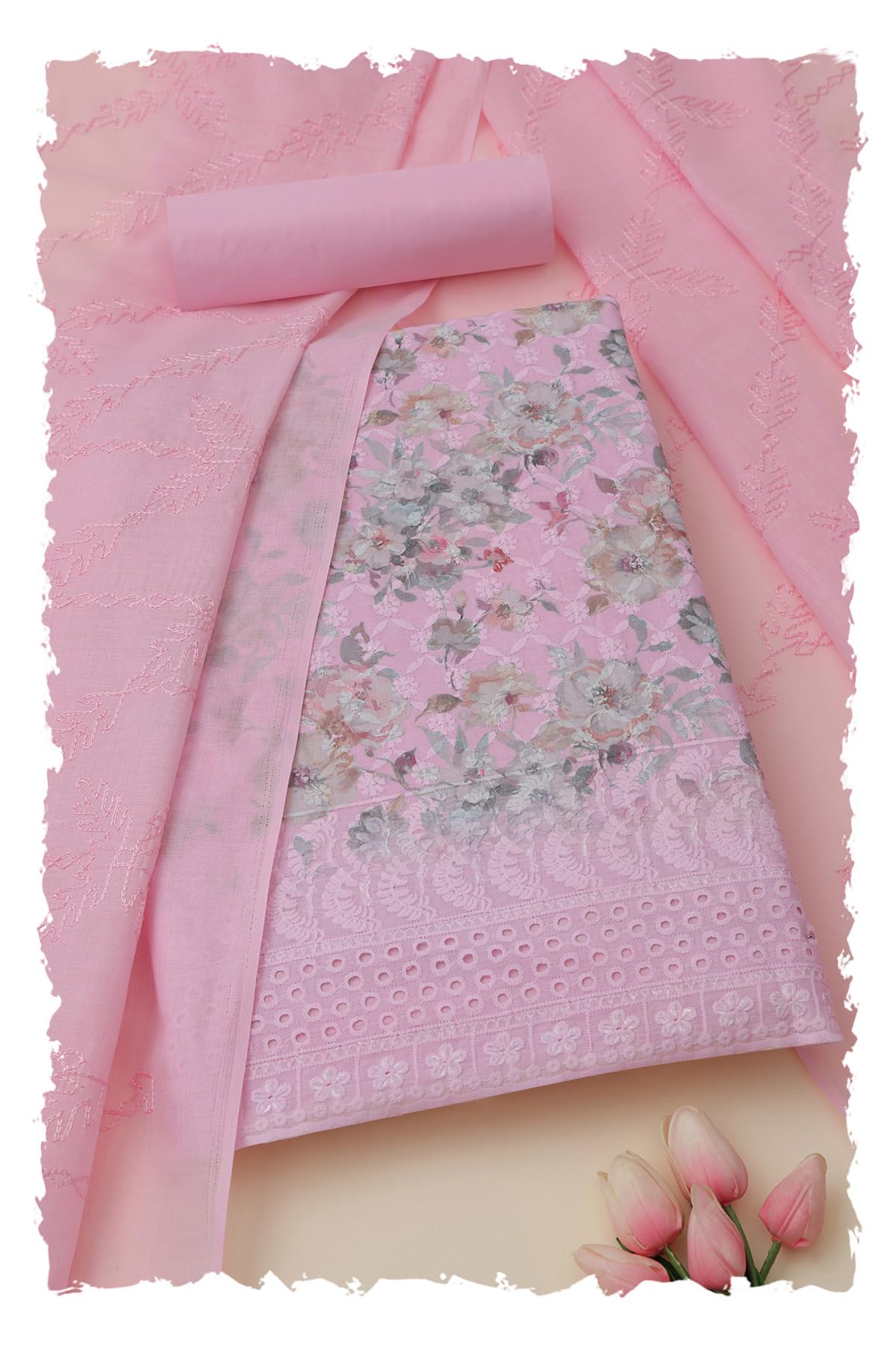 Womens Cotton Floral Print Unstitched Dress Material With Thread Work