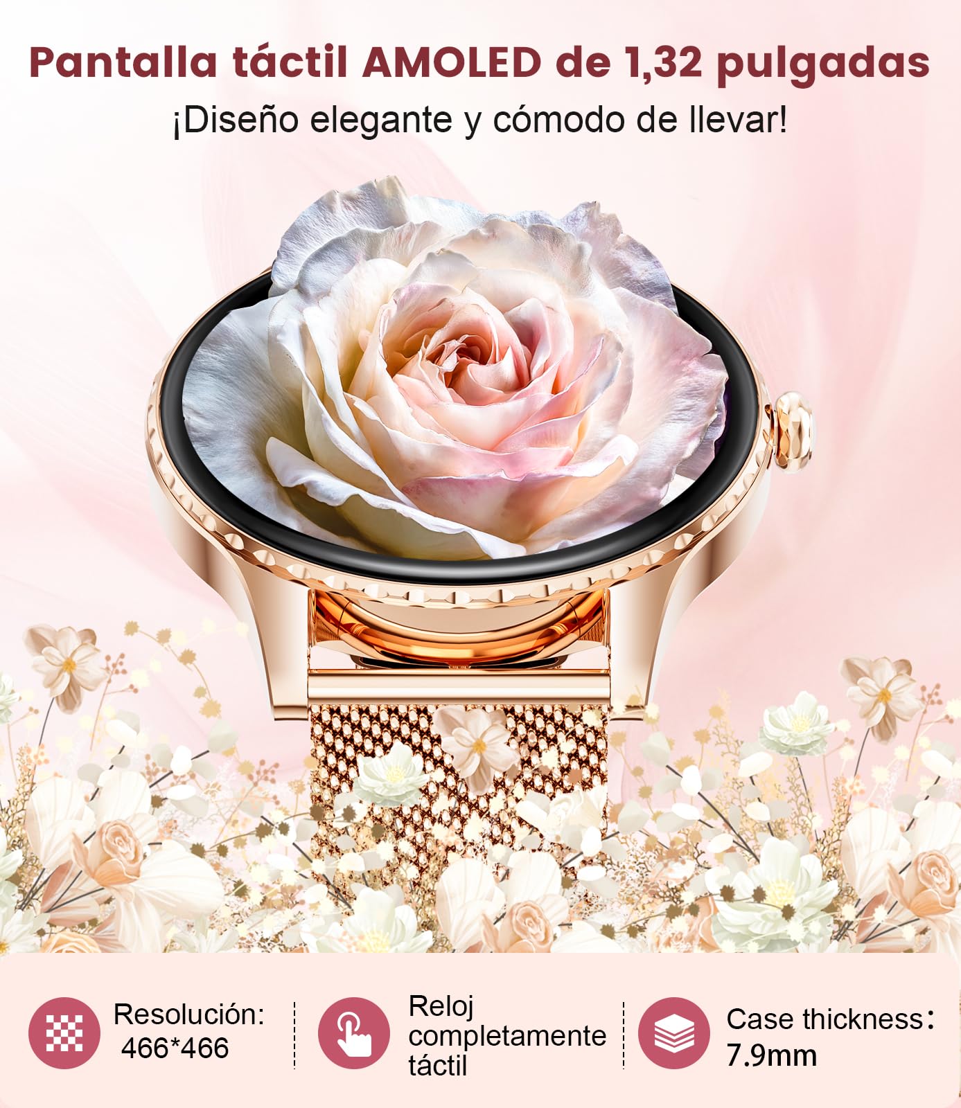 Reloj Inteligente Mujer Redondo,1.32"Amoled/Llamadas Bluetooth,SmartWatch Mujer con Función Femenina/Monitor de Sueño/24H Pulsometro,110+ Deportes/IP68 para iOS Android (Malla de oro rosa)