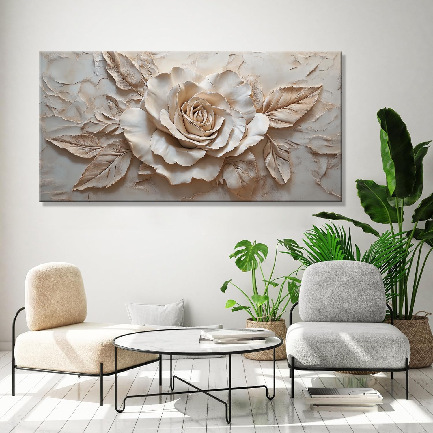 BirdSuite Vintage Warm Rose Art Picture - Layered Petal Texture Frameless Canvas Wall Art Painting for Entryway Console, Bedroom Vanity & Living Room Accent Wall - 40'' x 20''