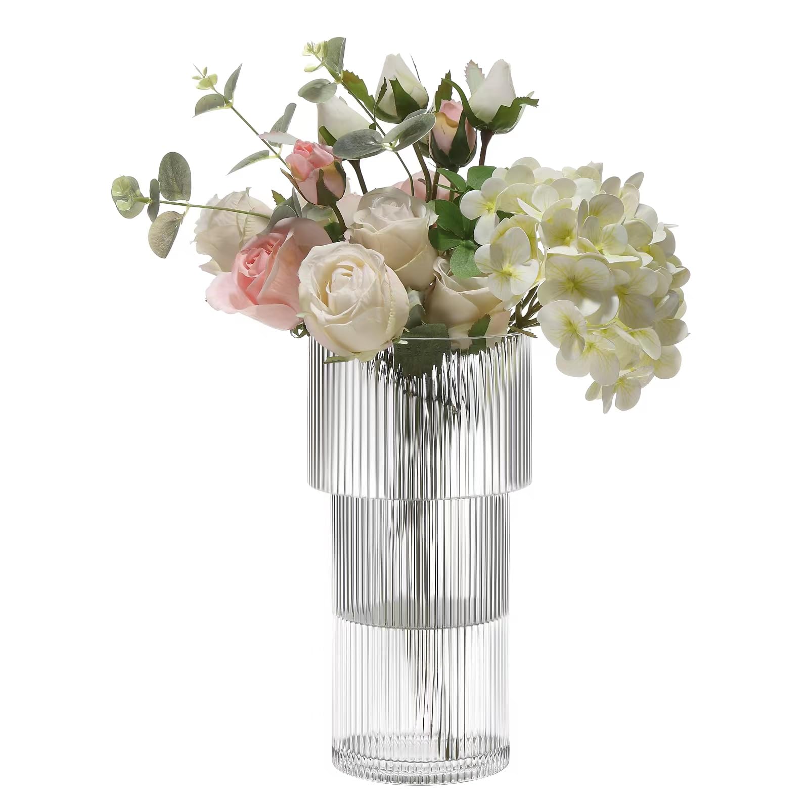 Dinyeo Modern Ribbed Large Cylinder Clear Glass Flower Vase for Centerpieces Decor