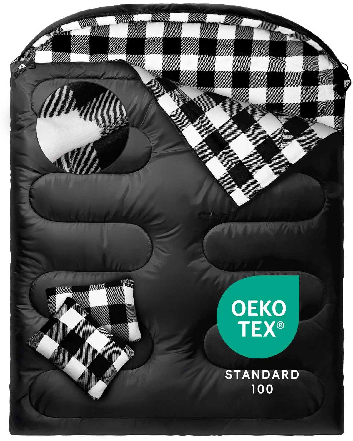MEREZA Flannel Double Sleeping Bag for Adults Cold Weather, XL Queen Size Sleeping Bag for All Season 2 Person Big and Tall Sleeping Bags for Camping 0 Degree with Pillow (BLACK&WHITE)