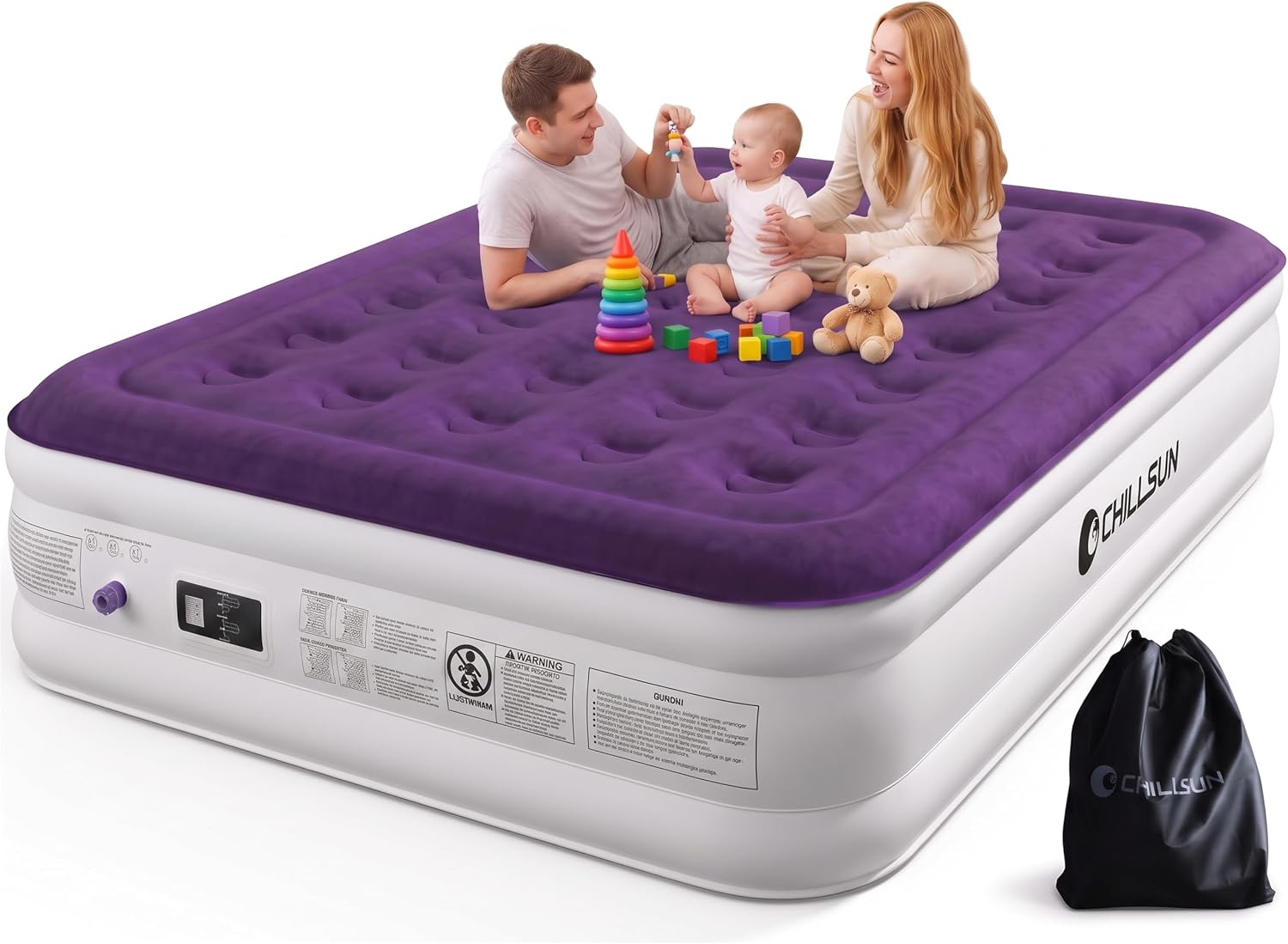 CHILLSUN Queen Air Mattress, Built-in Pump, 18 Inch Raised, 650 lb Max | Built-in pump, 18 inch raised queen air bed for home, guests, and camping; puncture resistant PVC, 650 lb max