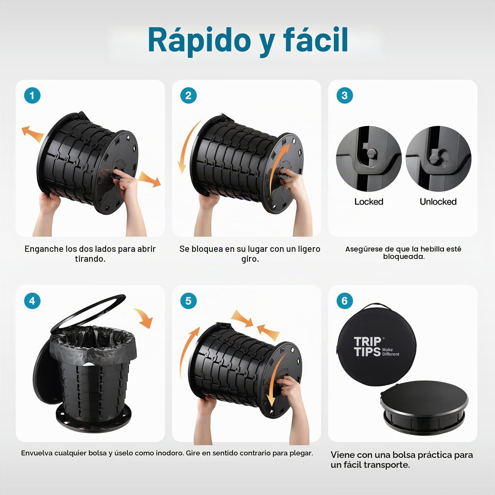 TRIPTIPS Retrete plegable portátil retráctil para viajes, camping, orinal para adultos y niños, inodoro portátil para campamento/coche, altura ajustable, tamaño XL