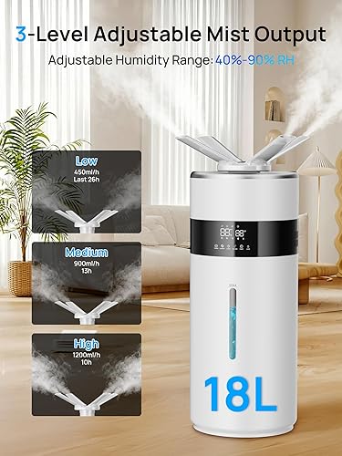 Miniatura 2 de Humidificador de 40.6 fl ozh para dormitorio de hasta 2000 pies cuadrados, humidificador de tanque grande de 4.8 galones18 L, humedad personalizada