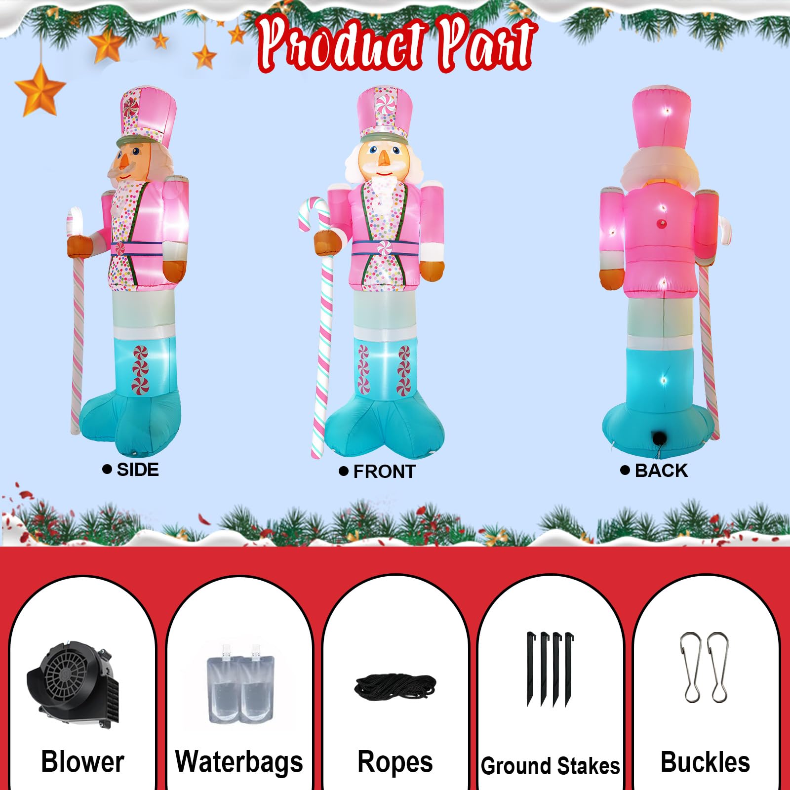 Aufblasbarer Nussknacker für Weihnachten, 3 m, für Zuckerstange, aufblasbar, integrierte helle LEDs für Weihnachten, aufblasbare Outdoor-Dekoration, Weihnachtsgeschenk