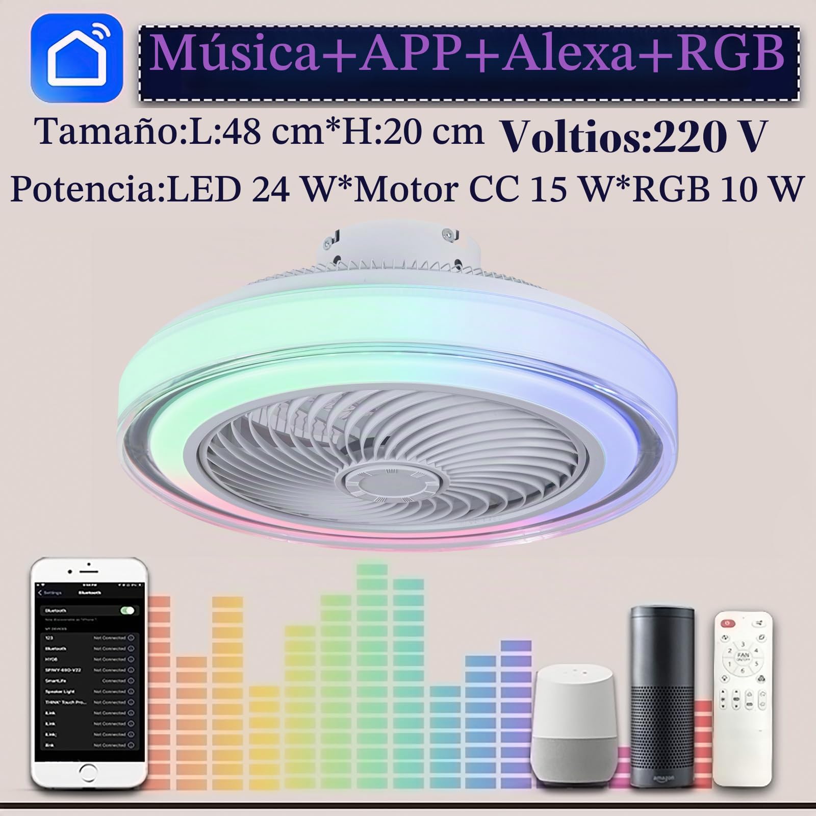 Inteligente Niños RGB Moderna Lámpara Ventilador Techo Motor DC 6 Velocidades Reversible Alexa Altavoz Musical Bluetooth Ventilador De Techo Con Luz Y Mando A Distancia Para Dormitorio Salon