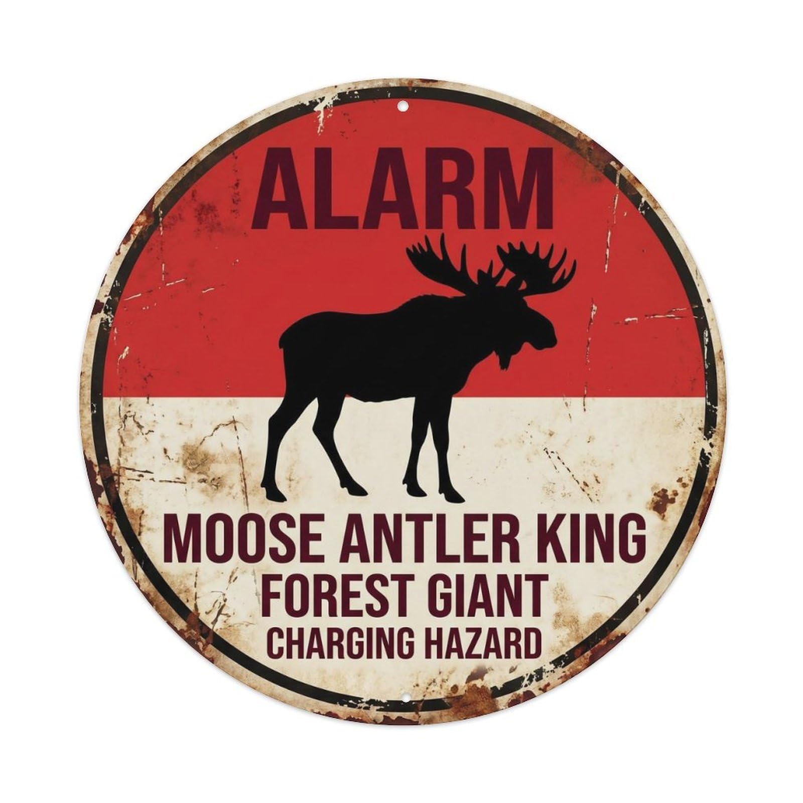 Distressed Wildlife Risk Alert Moose Antler King Spoof Metal Tin Sign Plaque Wall Decor for Cafe, Man Cave, Club Bar, Office, Home Garden Round Metal Poster 8x8Inch