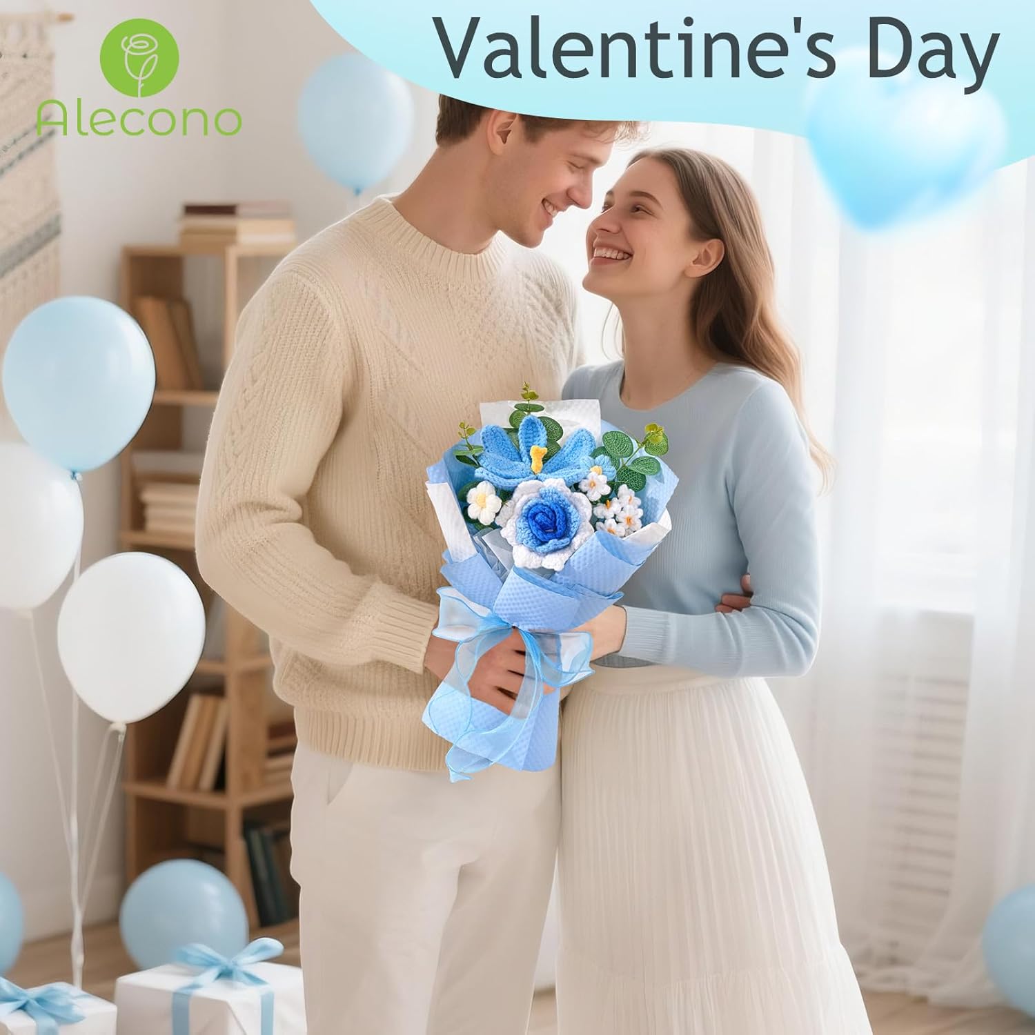 Alecono Crochet Flower Bouquet, Knitted Flowers, Blue Handmade Bouquet of Flowers for Lover Anniversary Birthday Party Mother's Day Graduation Gifts (Include Card) - Image 2