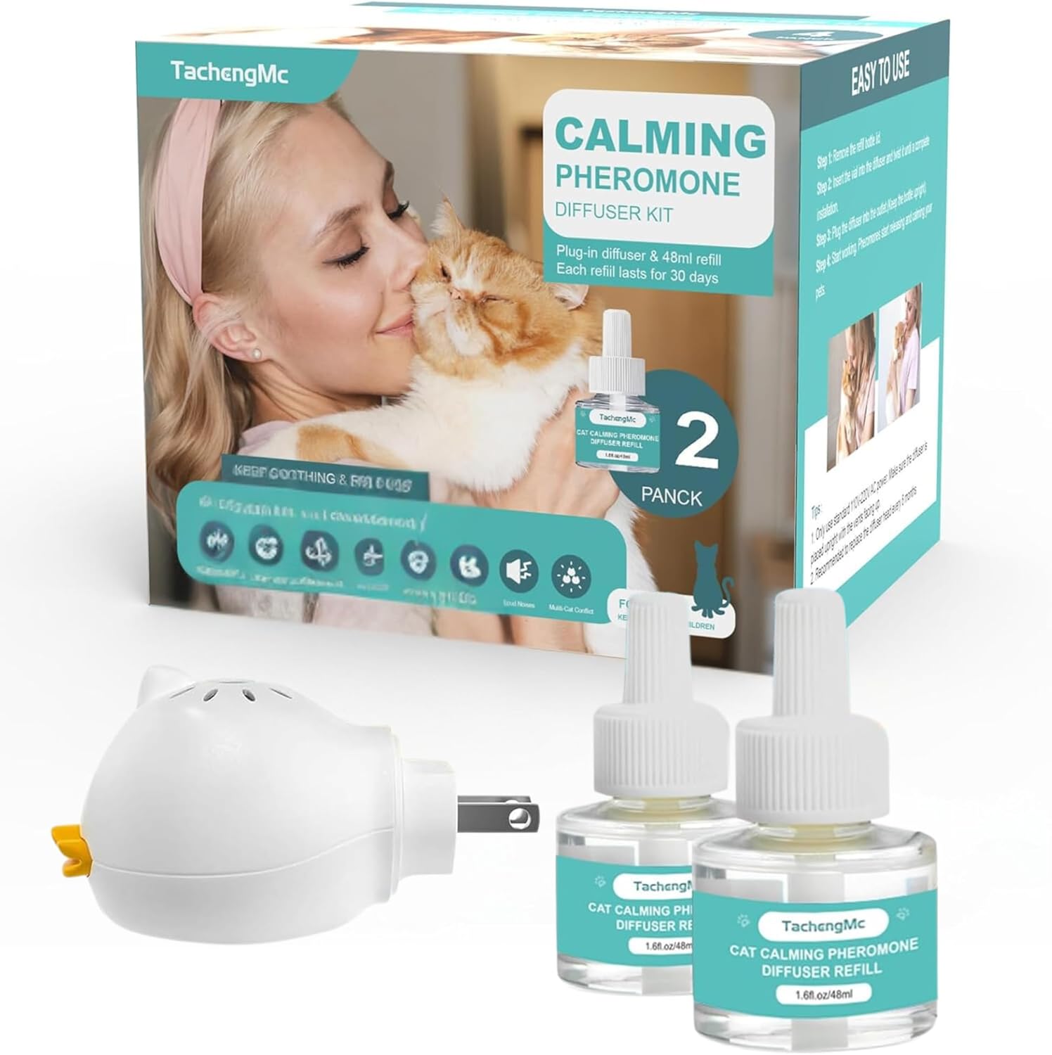 Calming Cat Diffuser with Pheromones & 2 Refills – Reduces Anxiety