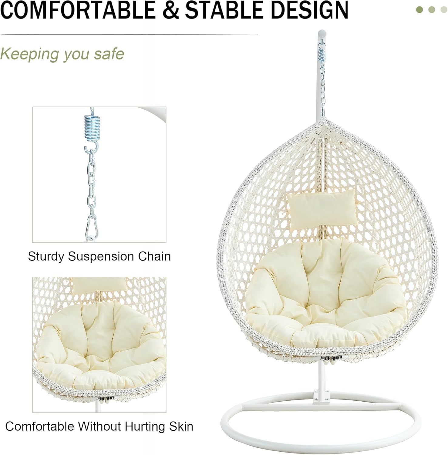 JUFU White Egg Chair with Stand, Indoor Outdoor Hanging Swing Chair with Thick Cushion and Pillow, 350 lb Capacity Wicker Patio Chair for Balcony, Bedroom, Porch, Sunroom