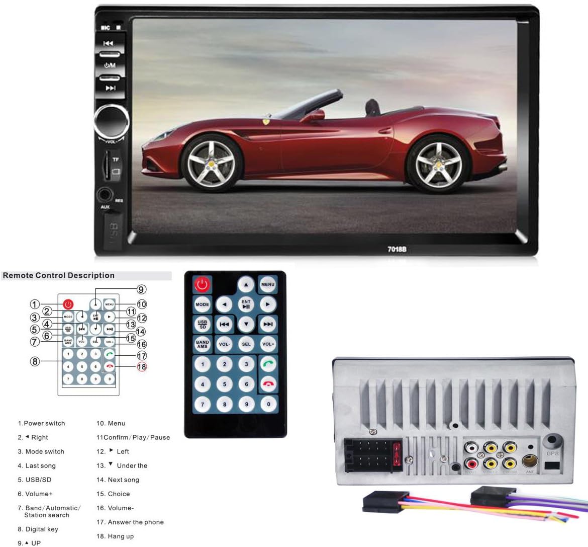 Efitty 7" Bluetooth LCD Touchscreen 2 Din In Dash Car Stereo MP5 Player Support USB/ SD/ AUX/ FM Radio Hands-Free Call Remote Control with Rear View Camera