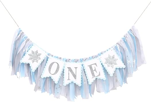 Snowflake Themed High Chair Banner - Winter Wonderland 1st Birthday Girl Decoration Highchair Garland For Baby Shower Party Decorations Photo Props Blue