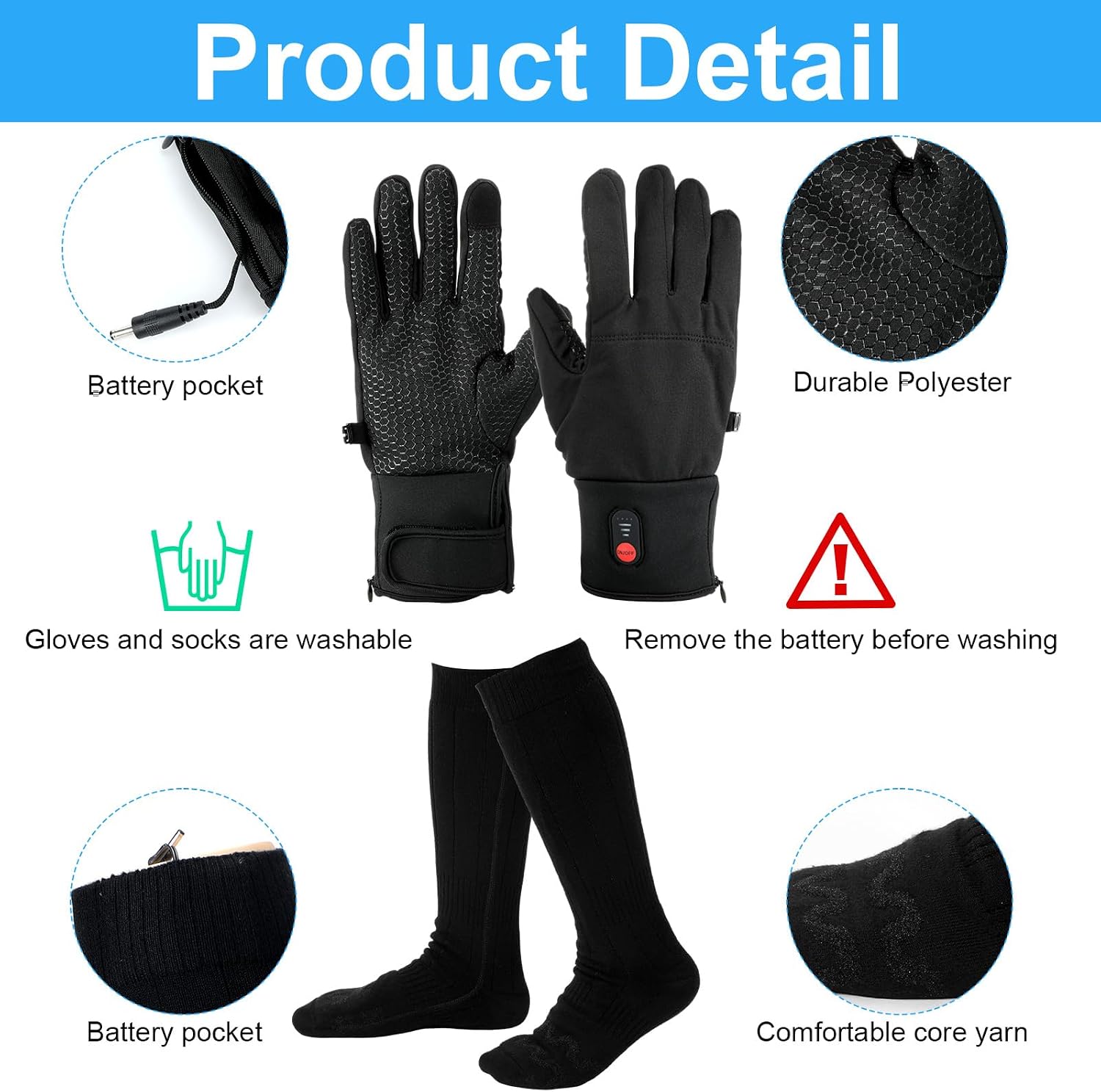 Suhine 2 Pairs Heated Gloves Socks for Men Women Hand Feet Warm Battery Powered Rechargeable Gloves Winter Socks Waterproof for Arthritic Outdoor Sport Cycling Hiking Skiing