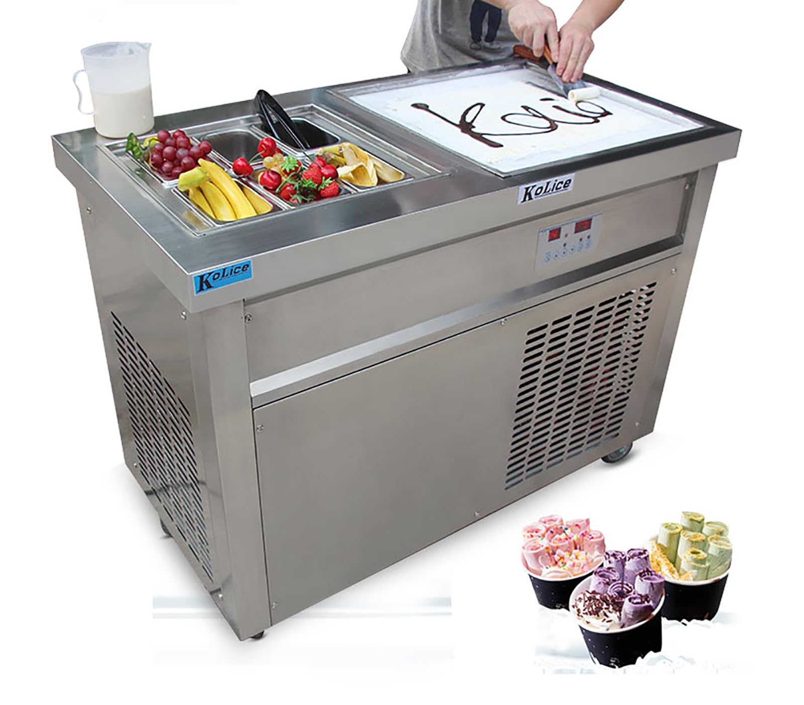 Kolice Commercial ICE Cream Machine 6 Pre-Cooling Buckets Roll Ice Cream Machine Fry Ice Cream Machine with sneeze