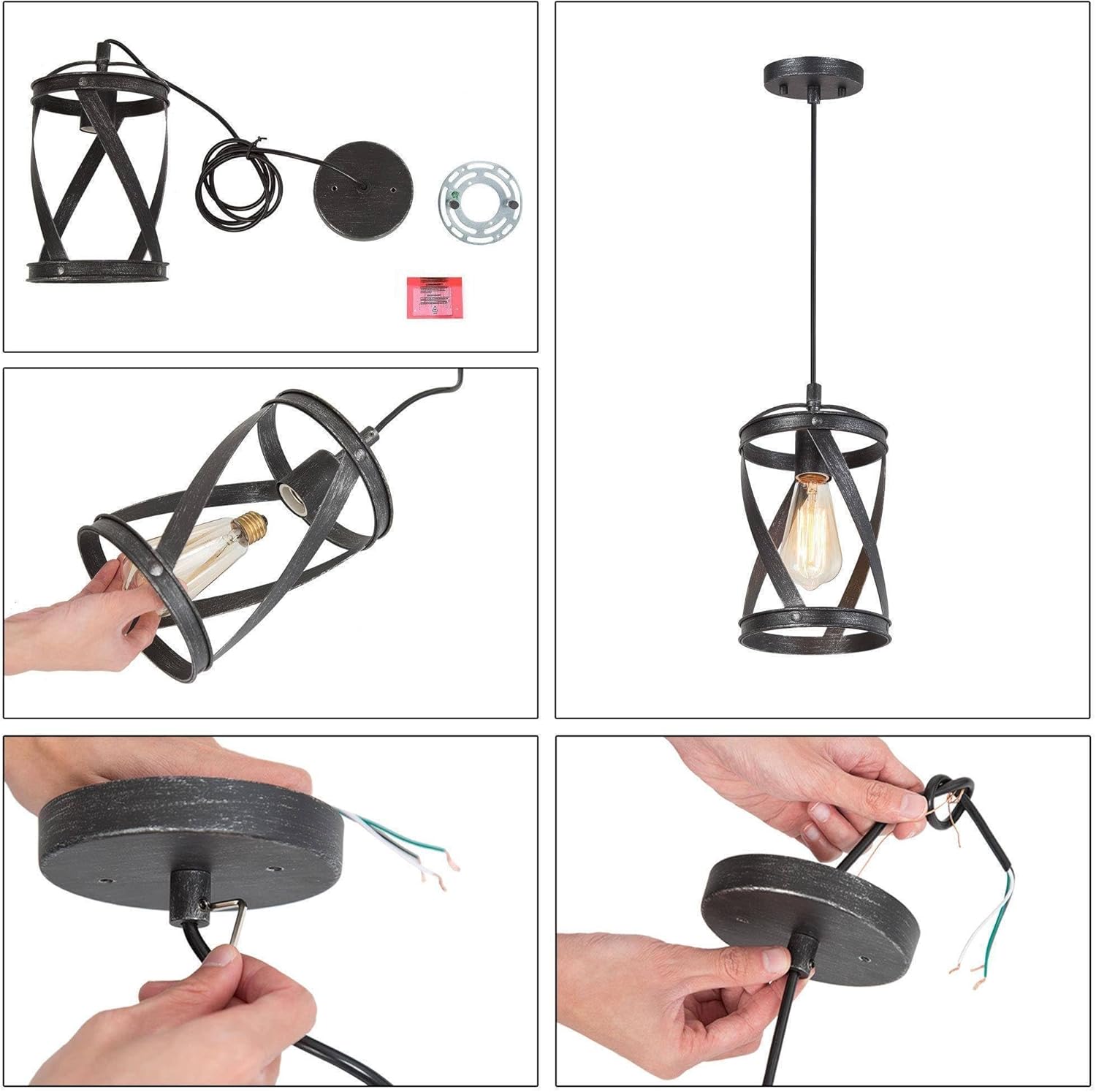 LOG BARN Farmhouse Cage Pendant Light Fixtures, Rustic Industrial Hanging Pendant Lighting with Brushed Finish for Kitchen Island, Foyer, Hallway, Bedroom and Entryway