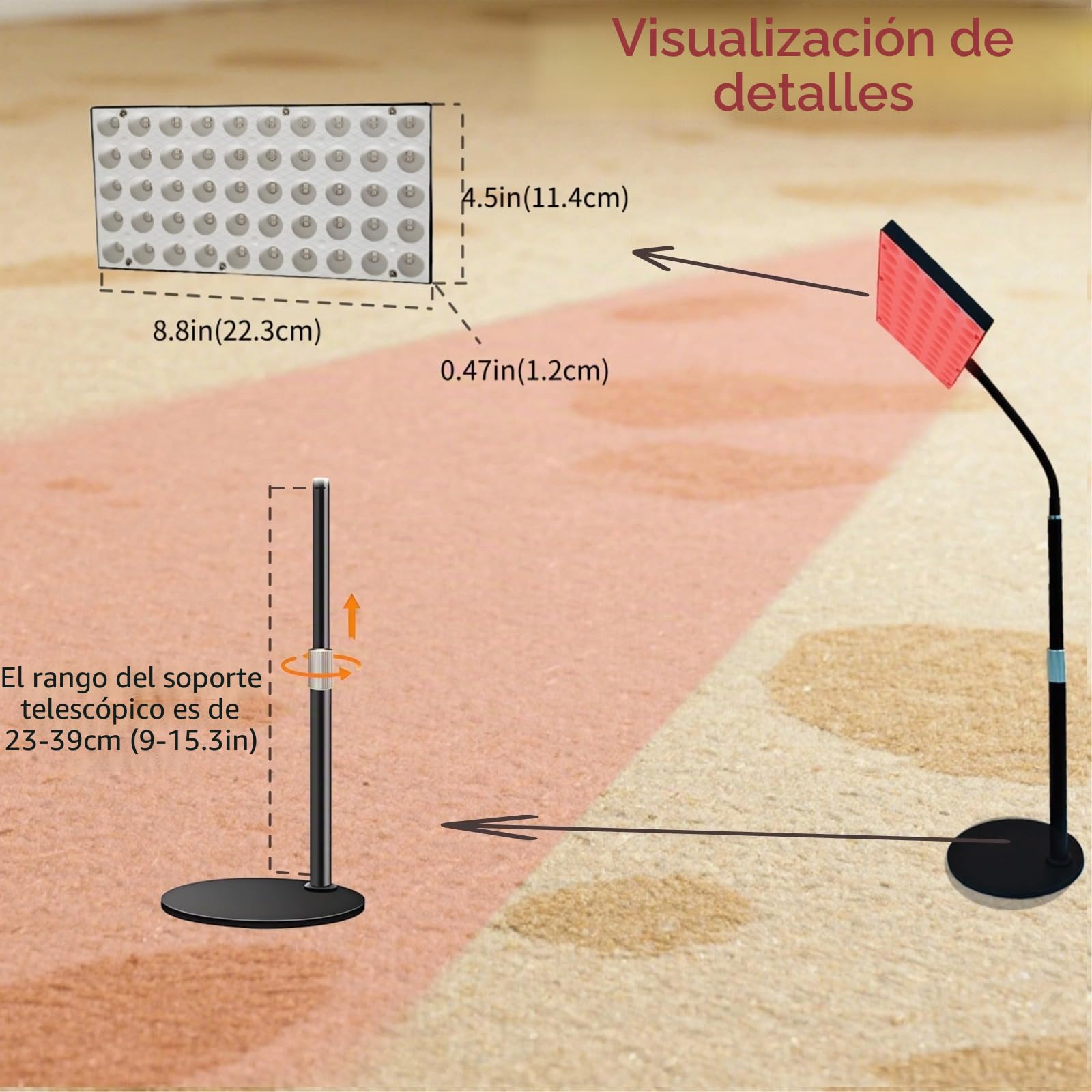 Lámpara de panel de terapia de luz roja de 30 W y 100 LED, infrarrojo cercano, longitudes de onda duales de 660 nm y 850 nm, brillo ajustable con temporizador para cuerpo completo, altura ajustable