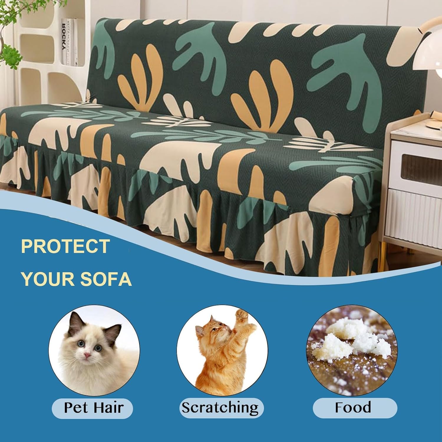 Printed Milk Silk Futon Slipcover, Cat Scratch Proof Armless with Skirt Sofa Cover Stretch Universal Washable Sofa Bed Cover for Living Room(3#, L)