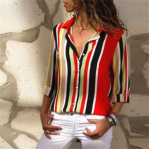 Miniatura 2 de Camisas de gasa con botones para mujer, blusas de manga larga casuales con solapa y colores a rayas, blusas de ajuste holgado para otoño
