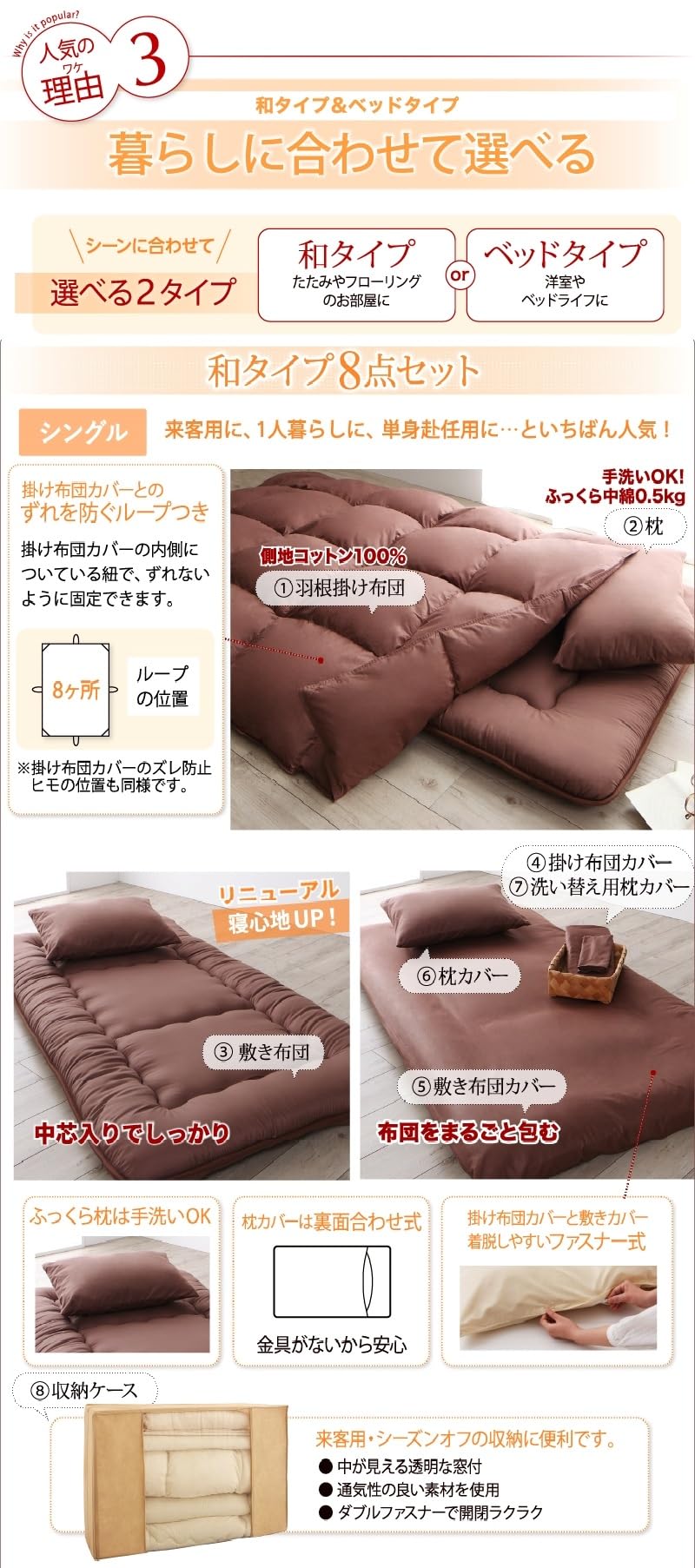 Amazon｜スモールフェザー使用 羽毛布団8点セット オールシーズン用 和