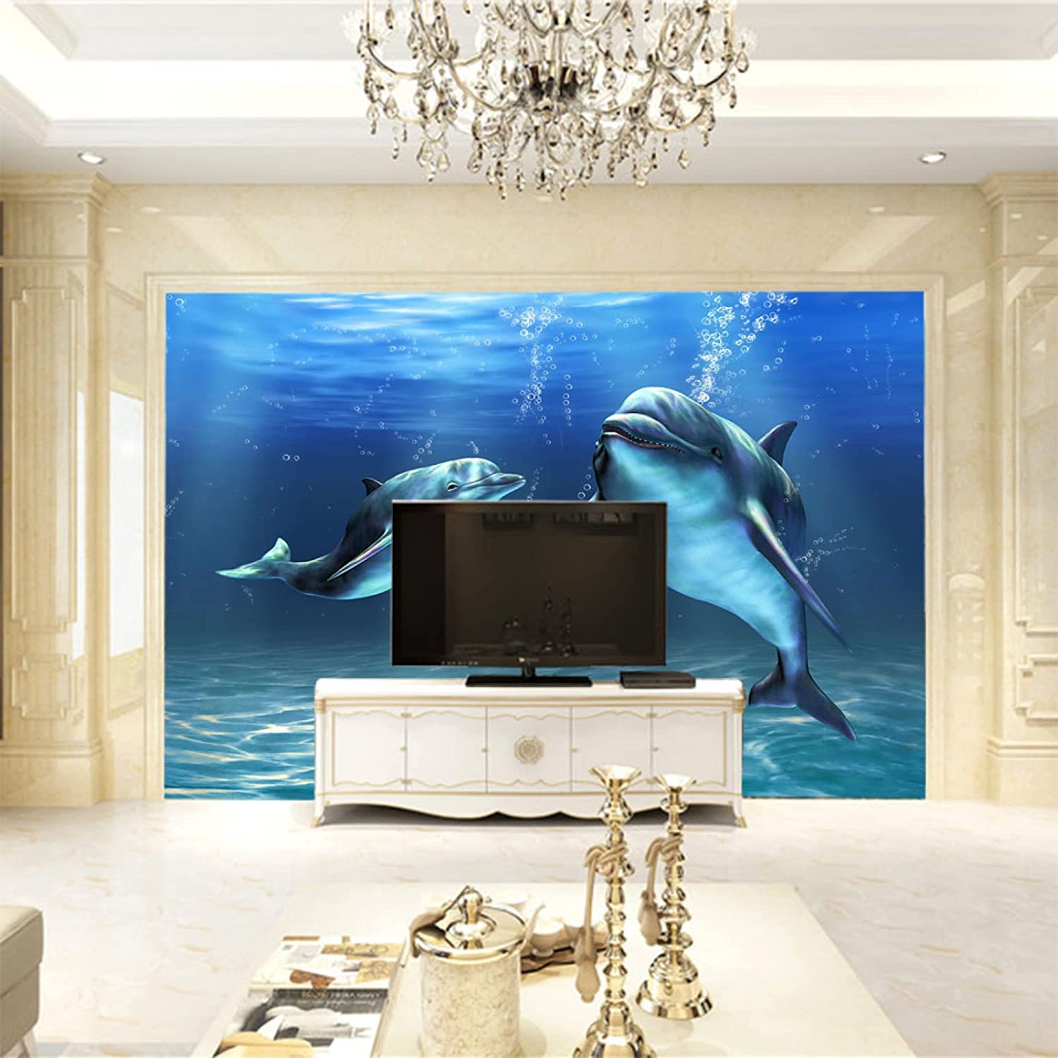 Papel Pintado Mural, 3D Pareja De Delfines Bajo El Agua Papel Pintado Autoadhesivo Peel And Stick Para Sala De Estar, Dormitorio, Tv, Fondo, Oficina, Restaurante, Habitación, 400(ancho) x280(alto) cm