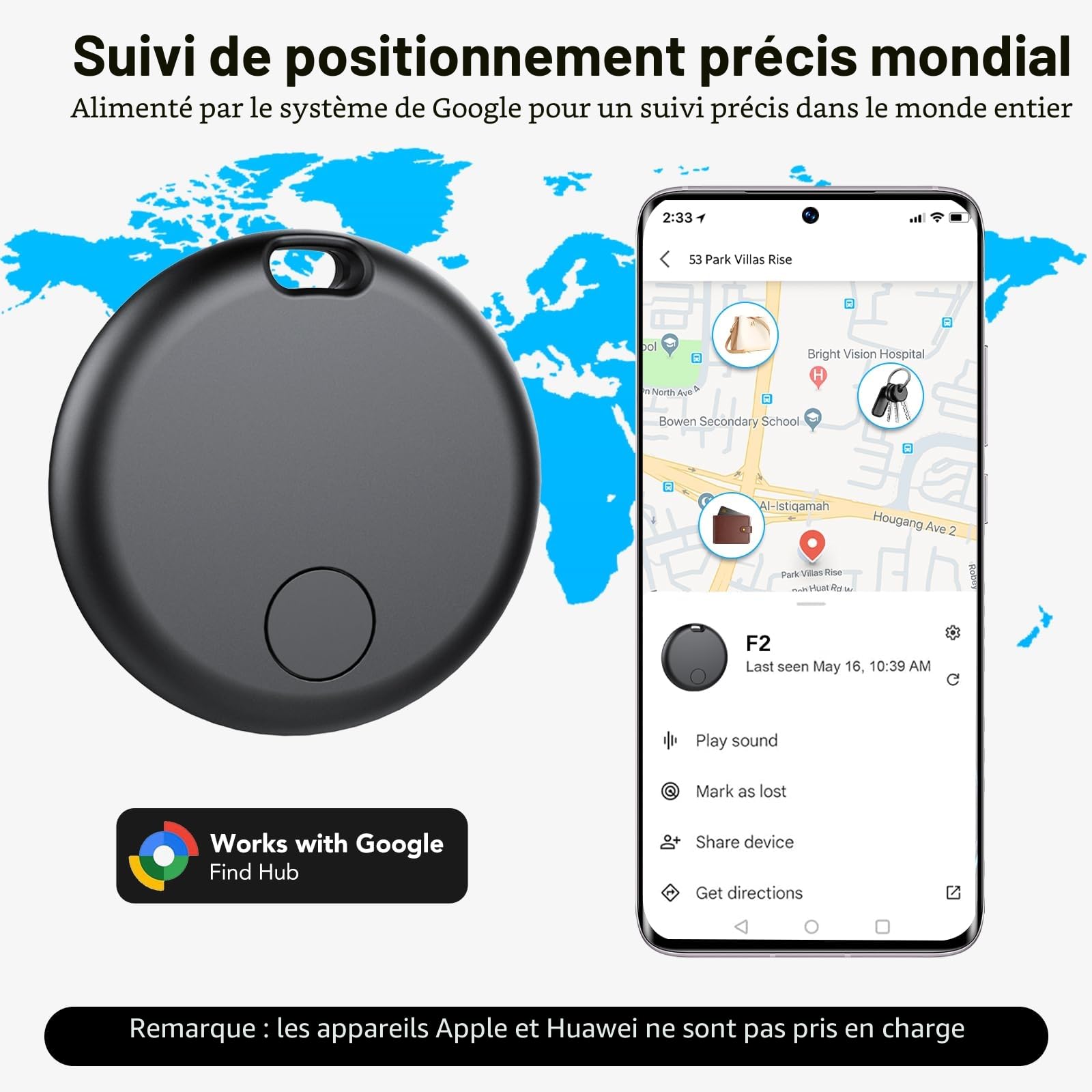 Android Smart Tag, Traceur GPS Lot de 2, Localisateur D’Objets Bluetooth Fonctionne avec l’app Google Localiser (Uniquement Android), Batterie Remplaçable, IP67 Imperméable, Voiture/Les clés/Valises