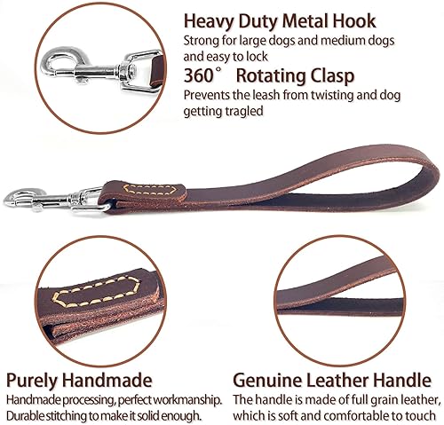 Miniatura 3 de Correa corta de cuero para perro, correa de tráfico fuerte para mascotas con gancho de metal resistente de 360º, correa corta para perros grandes,
