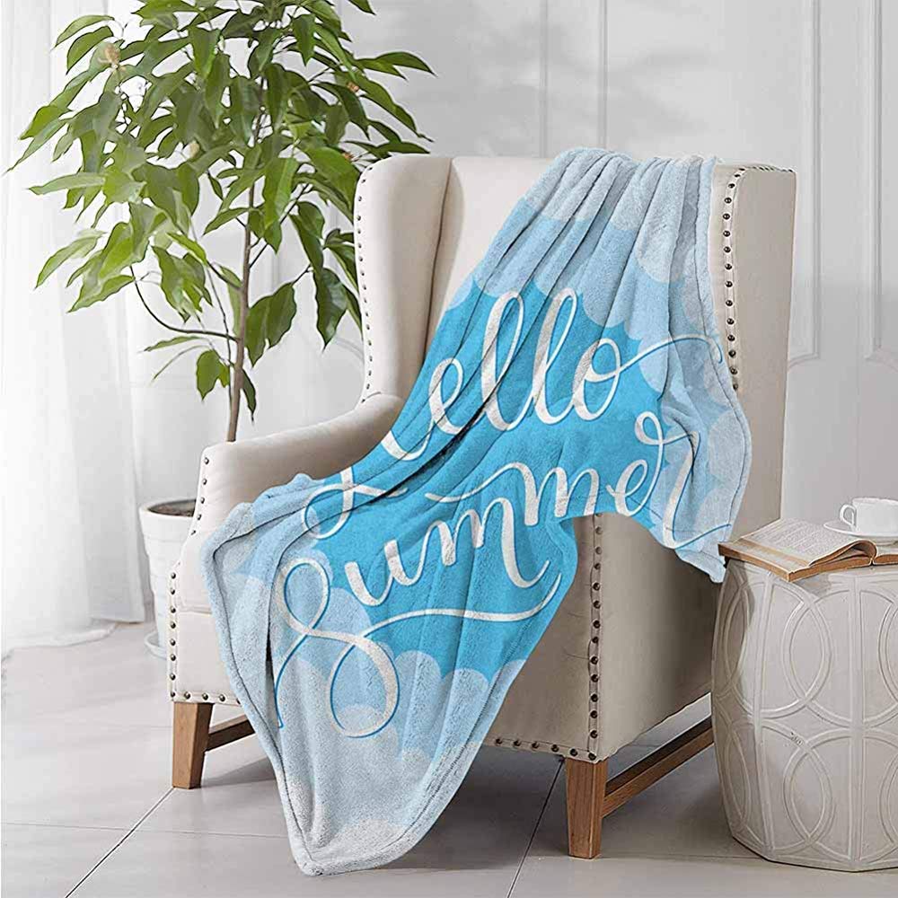 mallcentral-EU Hello Summer Blankets Cozy Bed BlanketVintage Typography Curvy Cloud Across The Sky with Shades of BlueMint Green Seafoam Blue