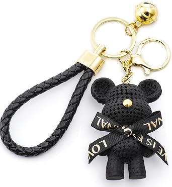 Key Chain Women Cute Bear Bag Charm with Heart Pom Pom Puff Ball Keychain Charms for Purse Backpack