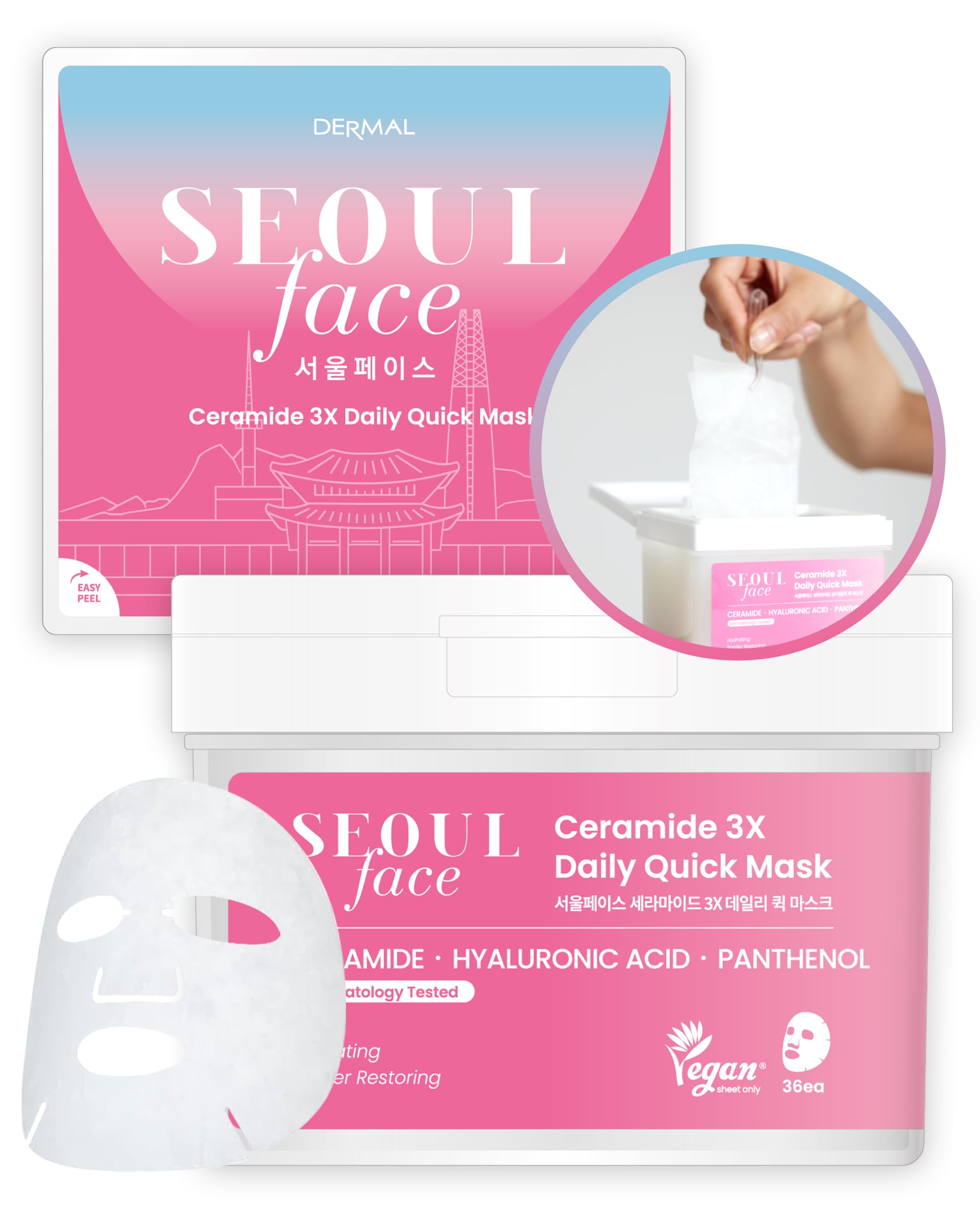Seoul Face Ceramide 3X Daily Quick Mask 36 Sheet – Korean Skincare Vegan Tencel Facial Masks - Intensive Moisturizing, Elasticity Mask Sheets with Hyaluronic Acid, Panthenol, Adenosine