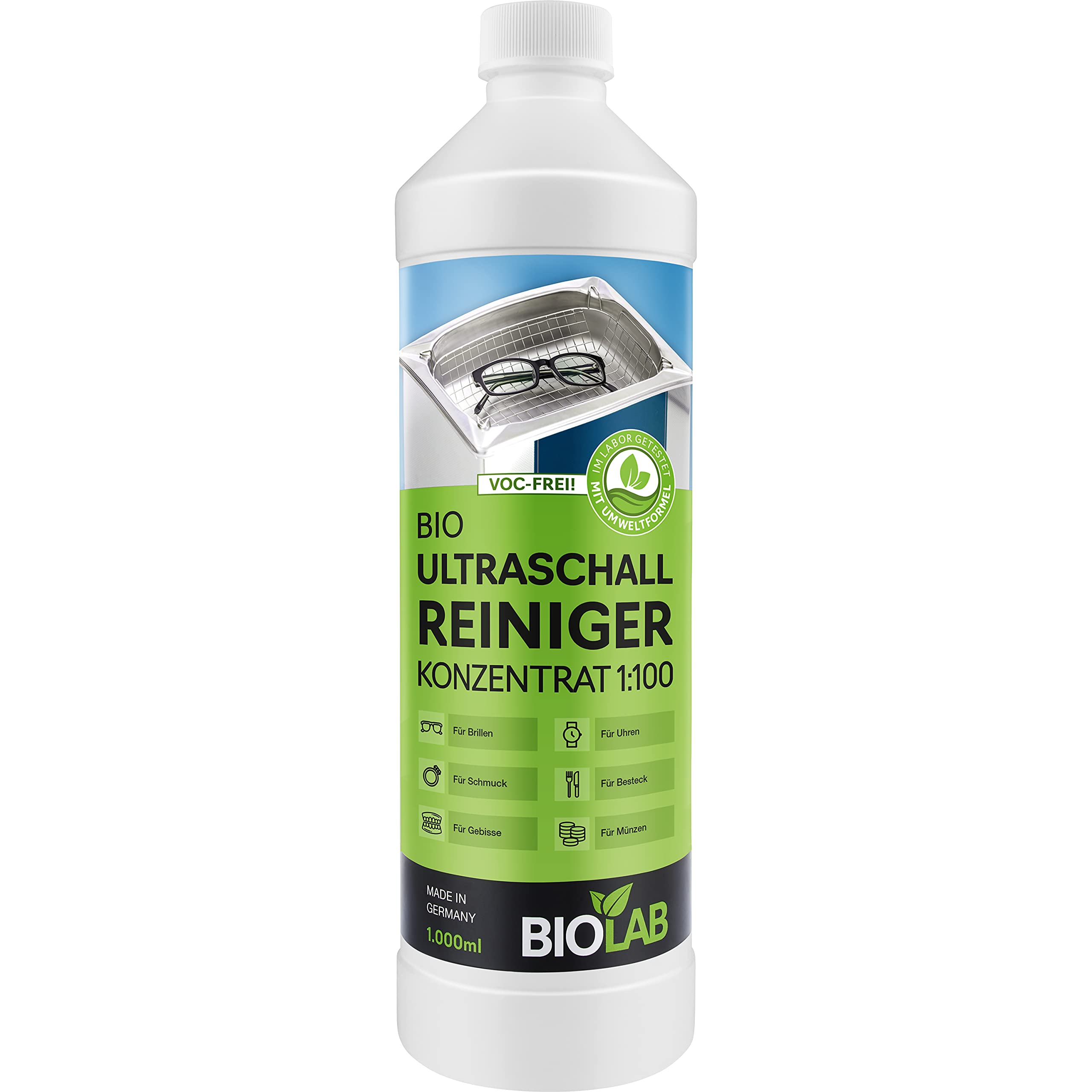 BIOLAB Nettoyant ultrasonique bio concentré 1:100 (1000 ml) pour le nettoyage des lunettes, bijoux, pièces de monnaie, prothèses dentaires - Liquide pour appareil de nettoyage à ultrason