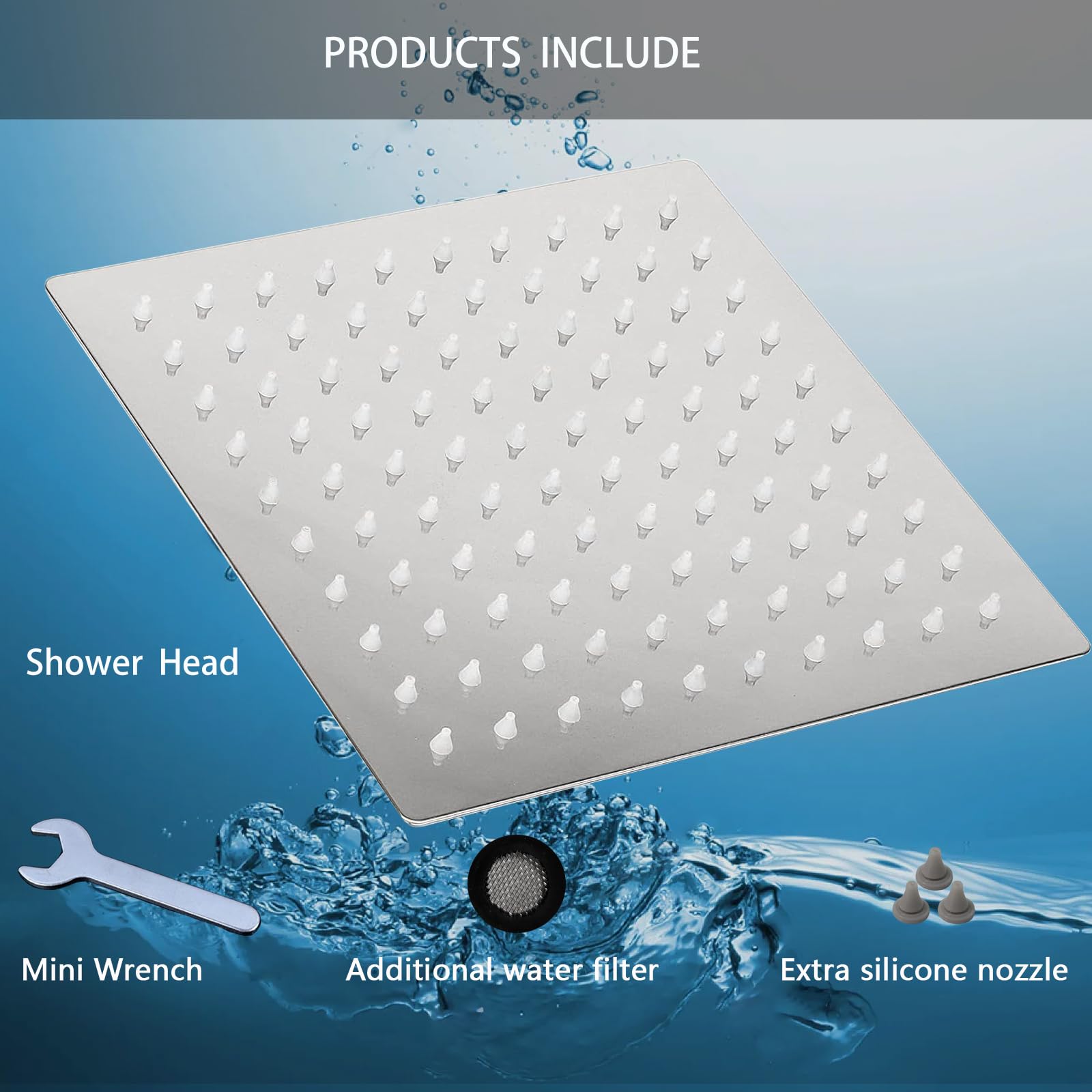 Rain Shower Head, WOOPHEN 8" High Flow Stainless Steel Square Rainfall ShowerHead, High Pressure Design - Image 2