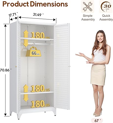 Vista 3 de Armario de metal, armario de 71 pulgadas con barra para colgar, armario con 2 puertas con rejilla, estantes ajustables, para dormitorio, habitación