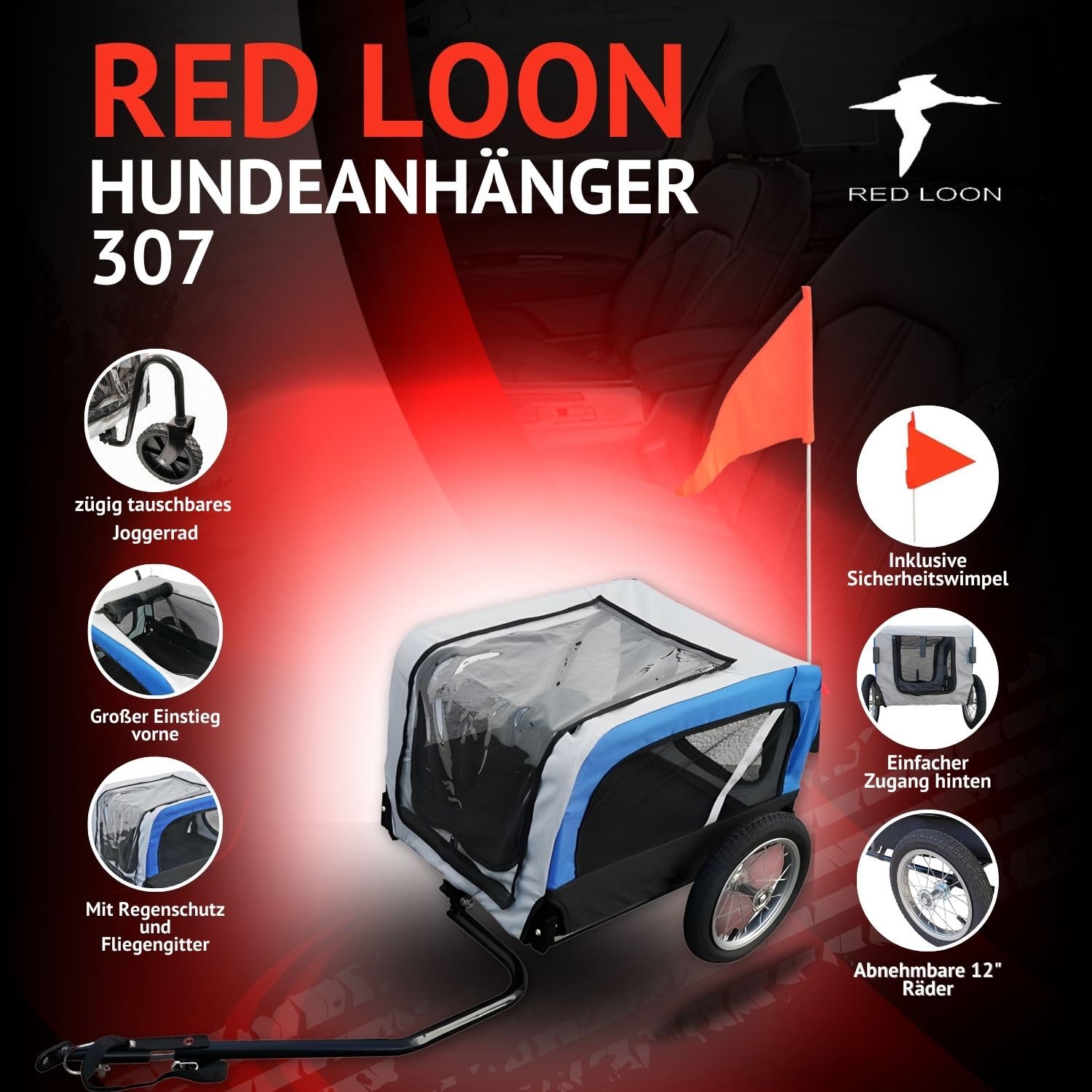Hundeanhänger 2in1 Fahrradanhänger Hundetransporter - Red Loon Mini Anhänger & Jogger/Buggy blau - Radanhänger Fahrrad Transporter Hundebuggy - inkl. Fahne