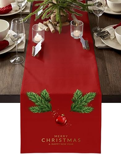 Miniatura 1 de Camino de mesa de Navidad rojo de 72 pulgadas de largo, bufandas de vestir, agujas de pino de Navidad, bolas de Navidad rojas, mesa de comedor para