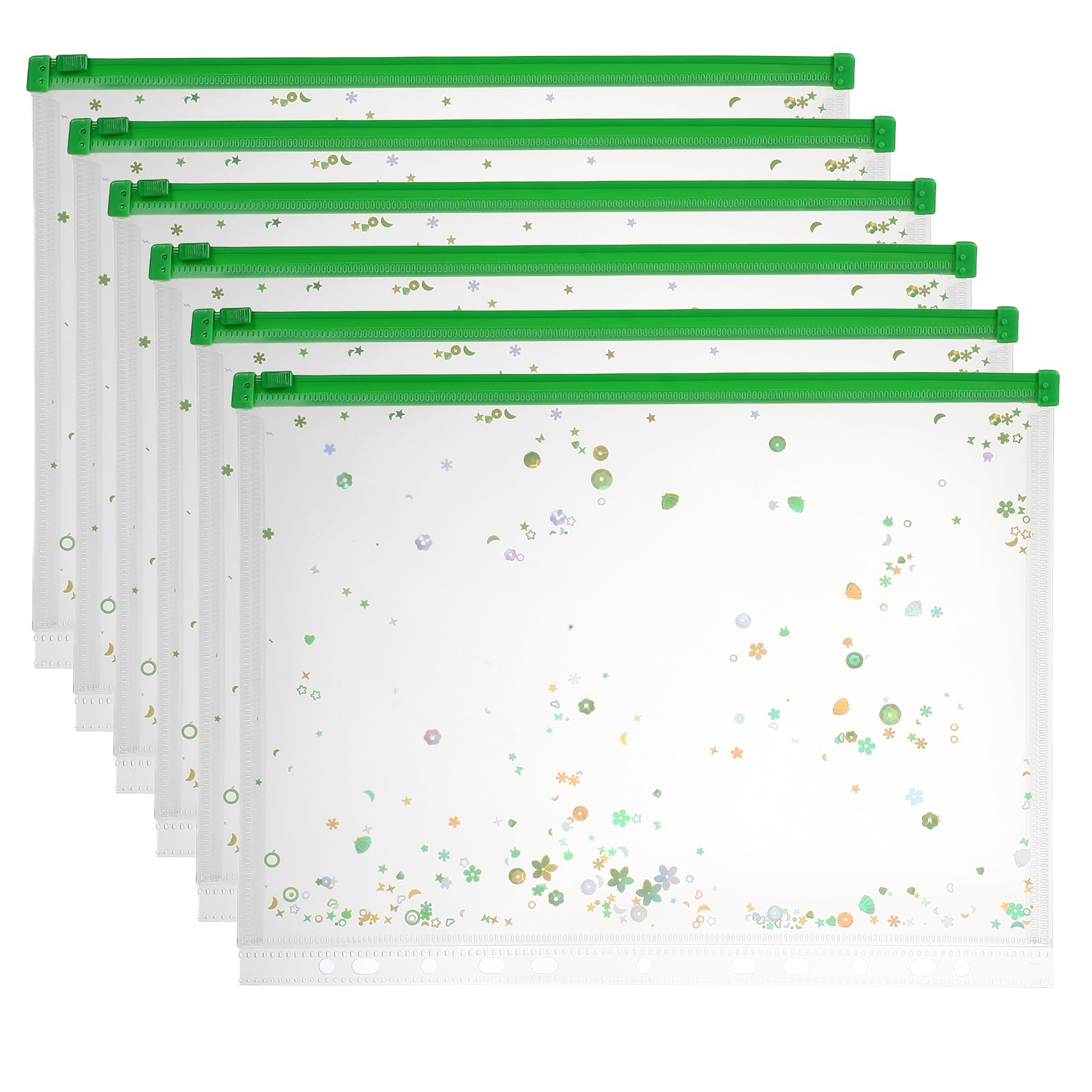 PATIKIL 6Pcs A4 Plastic Binder Zipper, Binder Pockets 12 x 9 Clear Envelope Folders Planner Waterproof Pouch Filing with Sequin Decor for Document Notebook Organizer, Fluorescent Green