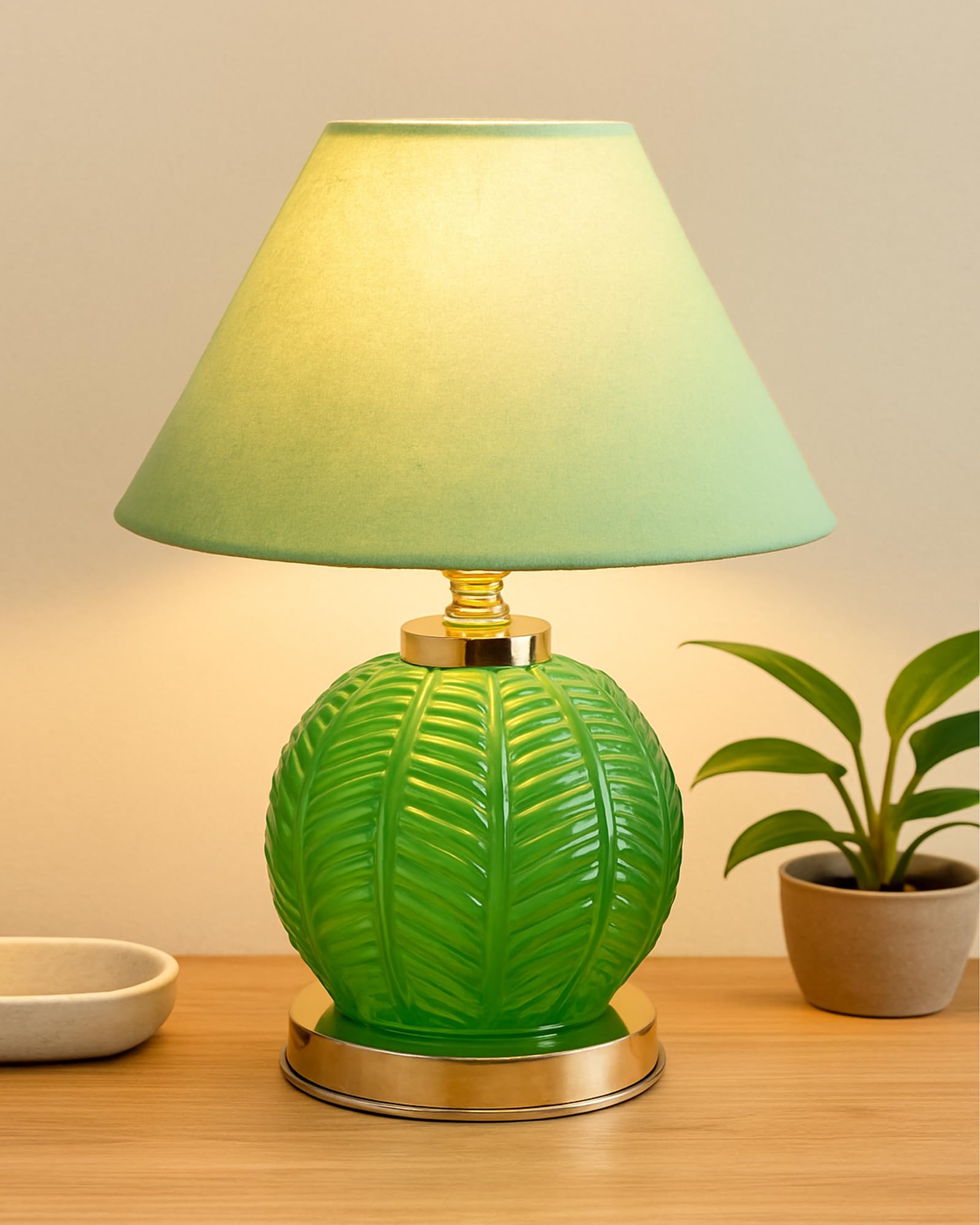Homesake® Royal Leaf Glass Table Lamp with Fabric Shade, Bedside Nightstand Lamp for Cozy Bedroom, Living Room & Office, Ivory-Green-image-21