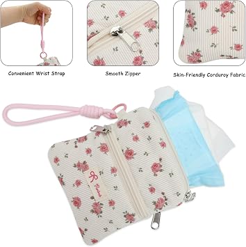 Corduroy Period Bag, Sanitary Pad & Tampon Holder Organizer | Metal zipper, wrist strap, front, main and back pockets, discreet pouch for panty liners, menstrual cup, coins, cards, gifts