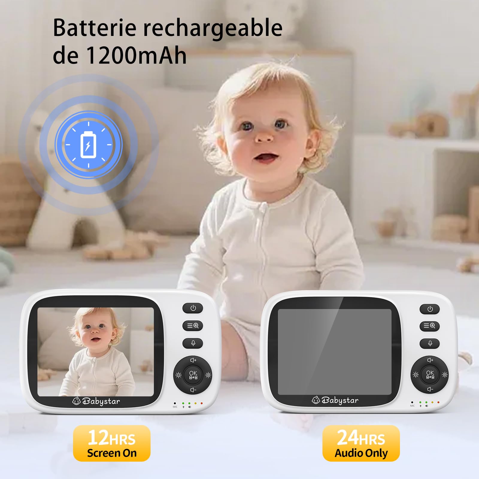 Babystar Babyphone avec caméra pour bébé, écran de 3,2", babyphone sans Wi-FI, Audio bidirectionnel, berceuses, Mode VOX, Vision Nocturne, capteur de température
