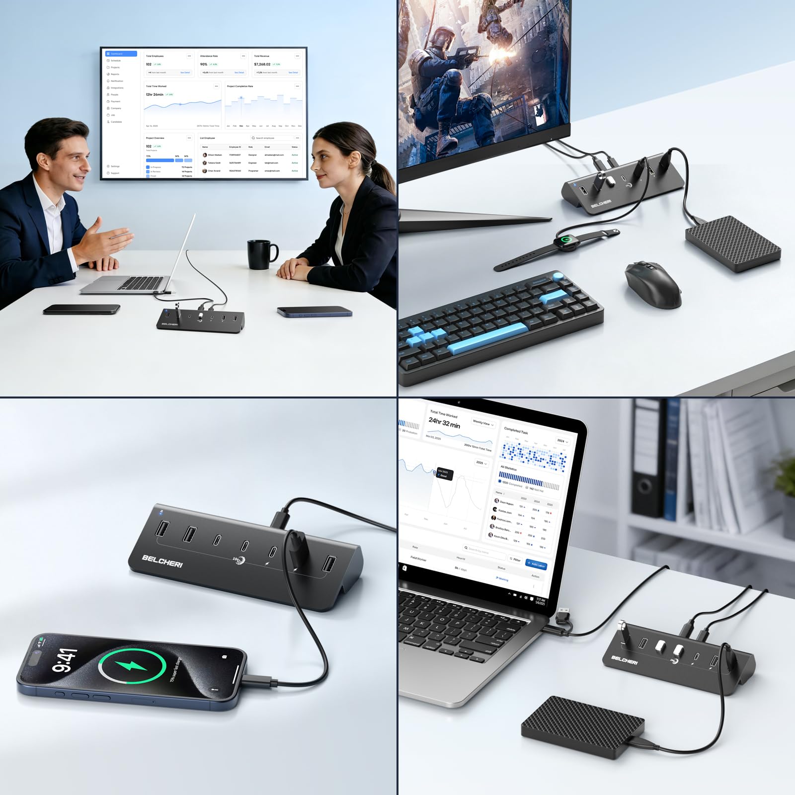 Hub USB C a 7 porte con alimentatore, USB 3.2 Gen 2, 10 Gbit/s ad hub, splitter di prolunga in alluminio con alimentatore da 5 V 3 A, 3 porte USB C e 4 porte USB-A, supporta la ricarica BC1.2