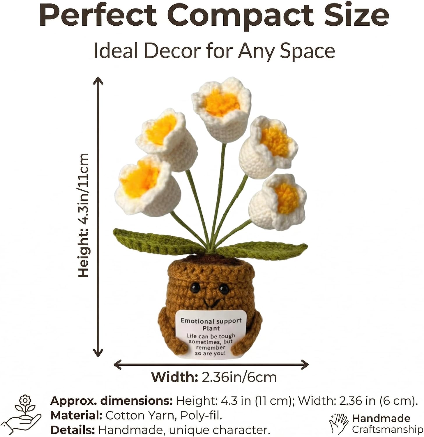 Emotional Support Crochet Flower Plush - Handmade White Lily of the Valley Crochet Flowers with Affirmation Card - Cute Knitted Desk & Car Decor, Encouragement Gift image 2