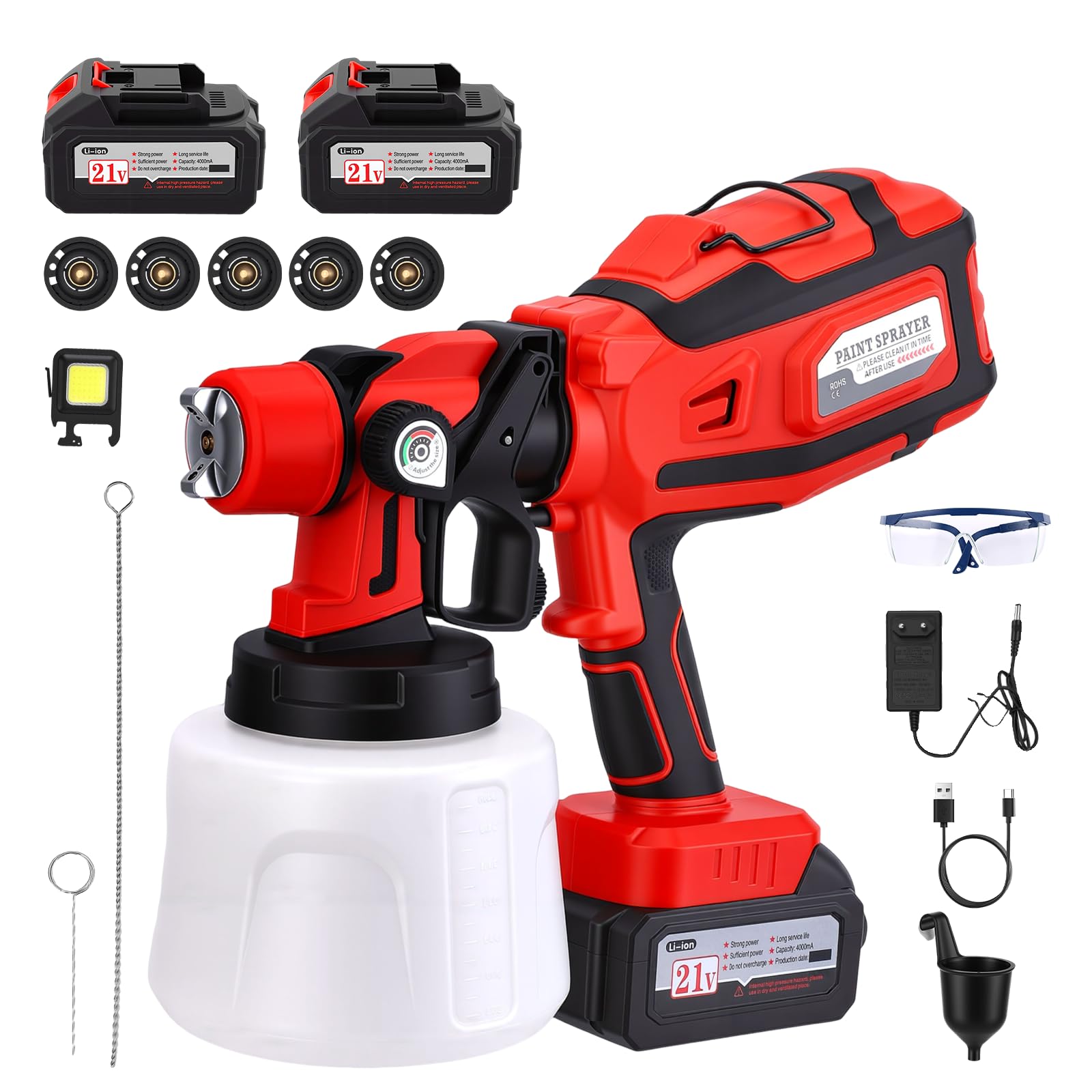 Pulverizador de pintura, 21 V, 300.000 rpm, batería con 2 baterías de 4000 mAh, 5 boquillas y 3 modos de pulverización, depósito de 1400 ml para terrazas, paredes, vallas, cobertizos, techos