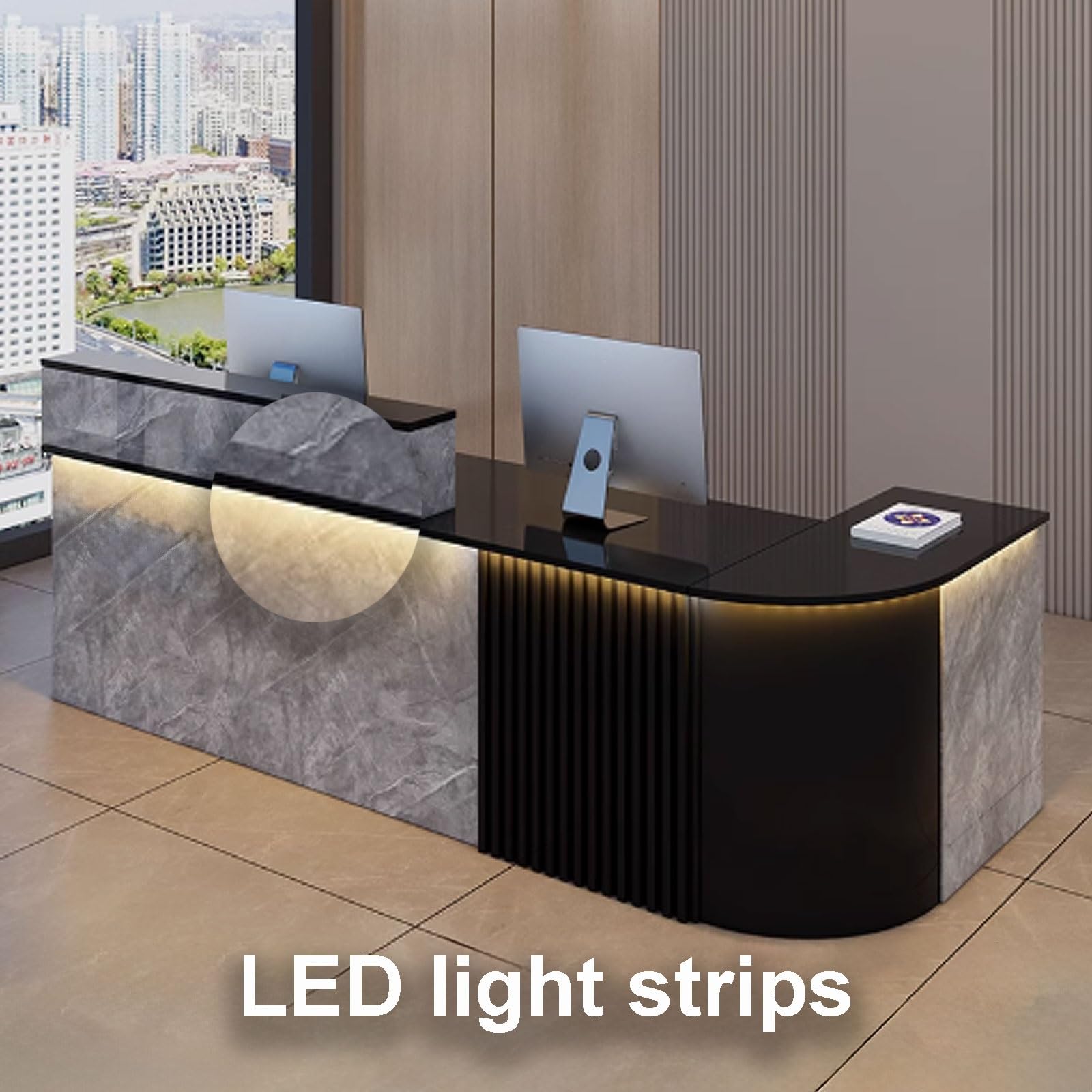 Generico Bancone Reception Moderno per Salone di Bellezza con Spazio di archiviazione, Elegante bancone Reception con Strisce Luminose a LED per saloni di Bellezza e spazi Commerciali, Bianco, 140x60