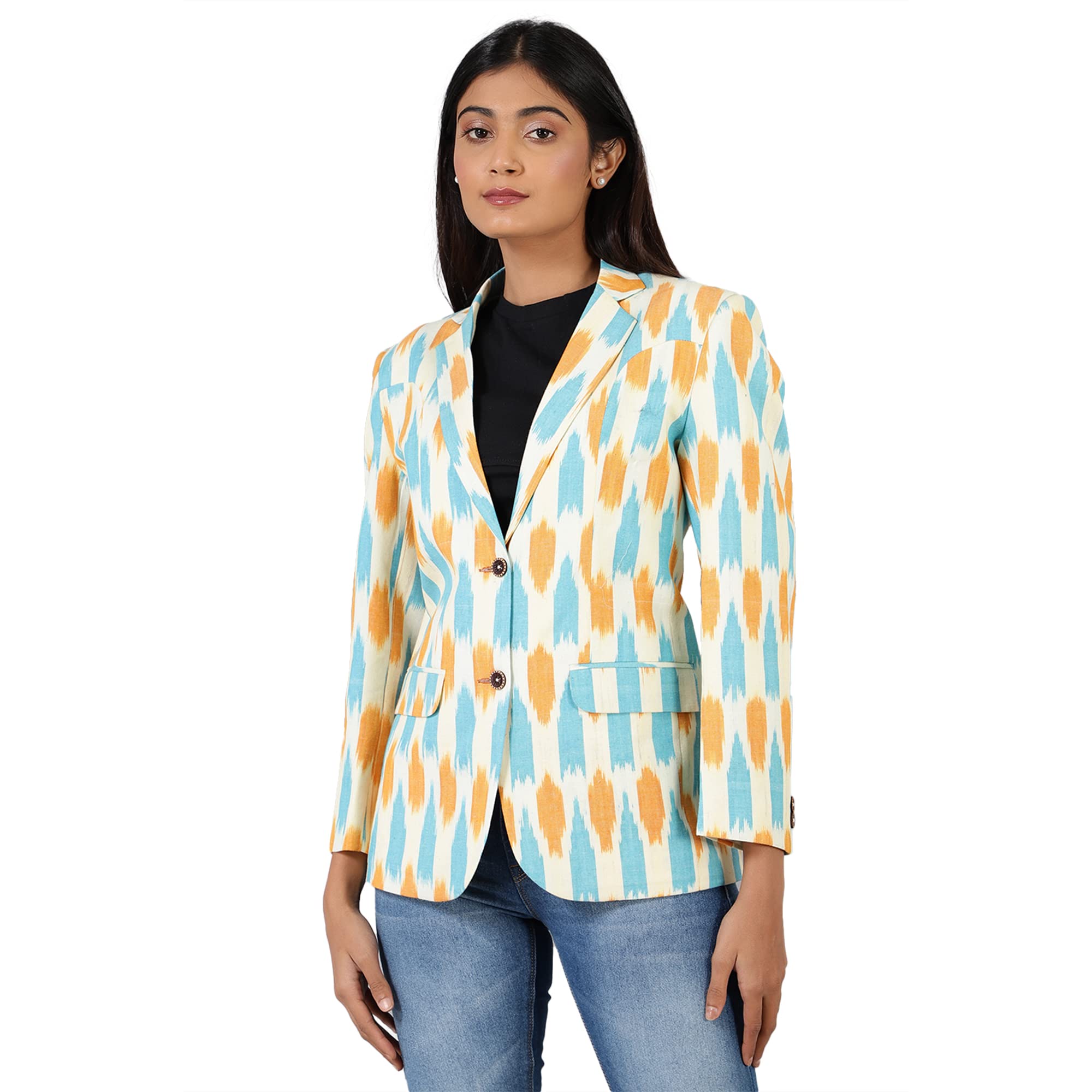 indophilia Women's Ikat Cotton Tie and Dye Single Breast Two-Button Blazer-picture-43