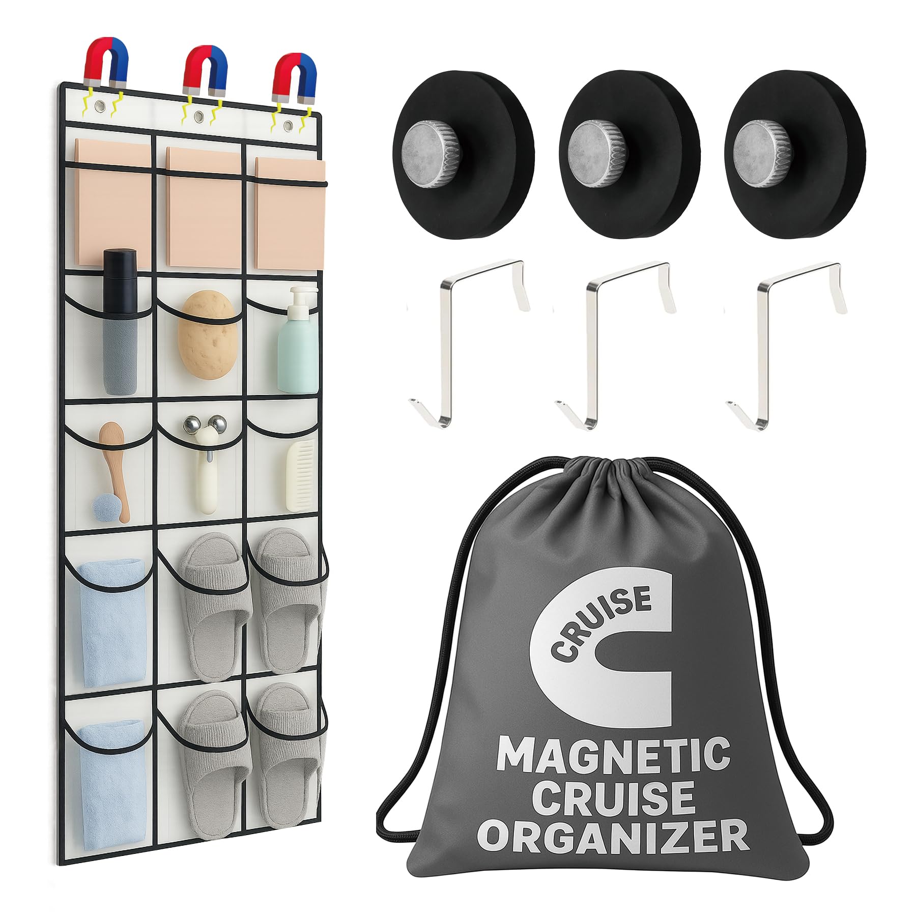 HYTWEDO Cruise Magnetic Door Organizer with Hooks, 15 Large Pockets, Strong Anti-Scratch Magnets, Over-the-Door Hanging Storage for Cruise Cabin